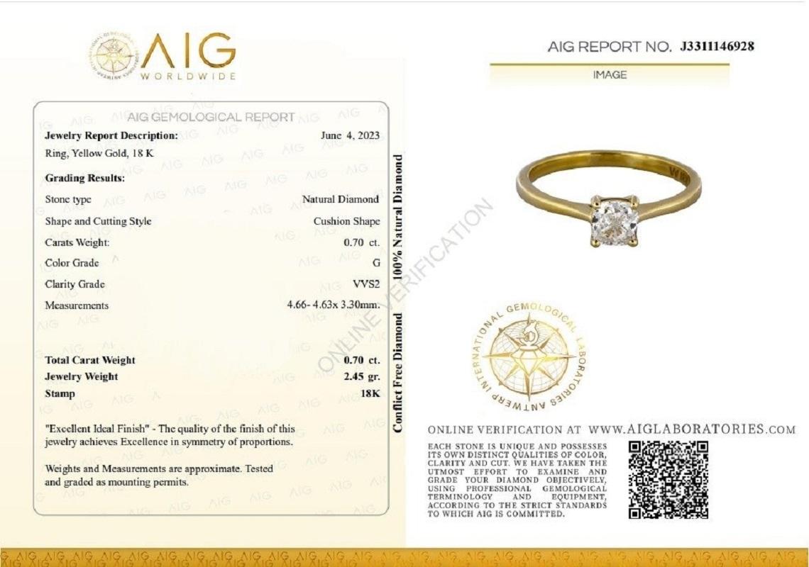 A stunning solitaire ring with a dazzling 0.7-carat cushion shape diamond. The jewelry is made of 18K Yellow Gold with a high-quality polish. It comes with an AIG certificate and a nice jewelry box.

1 diamond main stone of 0.7 carat
cut: cushion