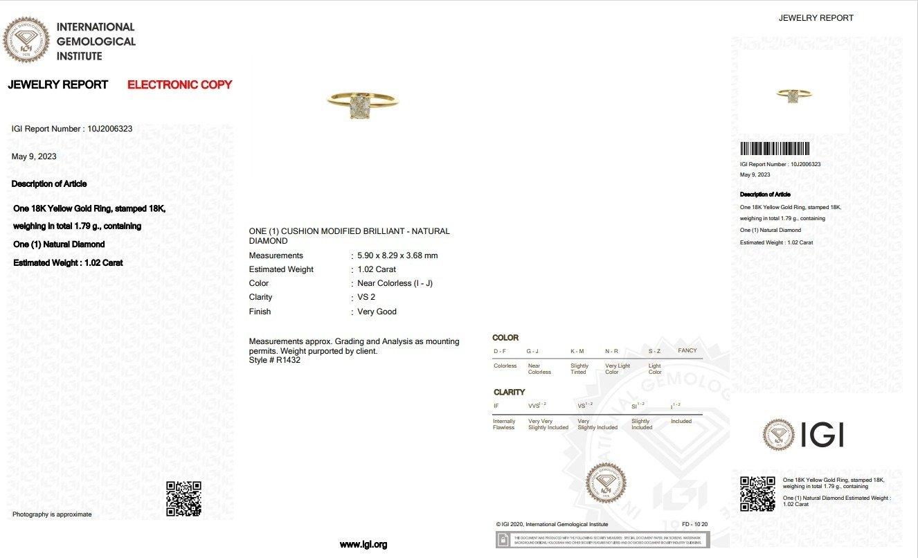 A classic solitaire engagement ring with a dazzling 1.02-carat cushion-modified diamond. The jewelry is made of 18K Yellow Gold with a high-quality polish. It comes with an IGI certificate and a nice jewelry box.

1 diamond main stone of 1.02