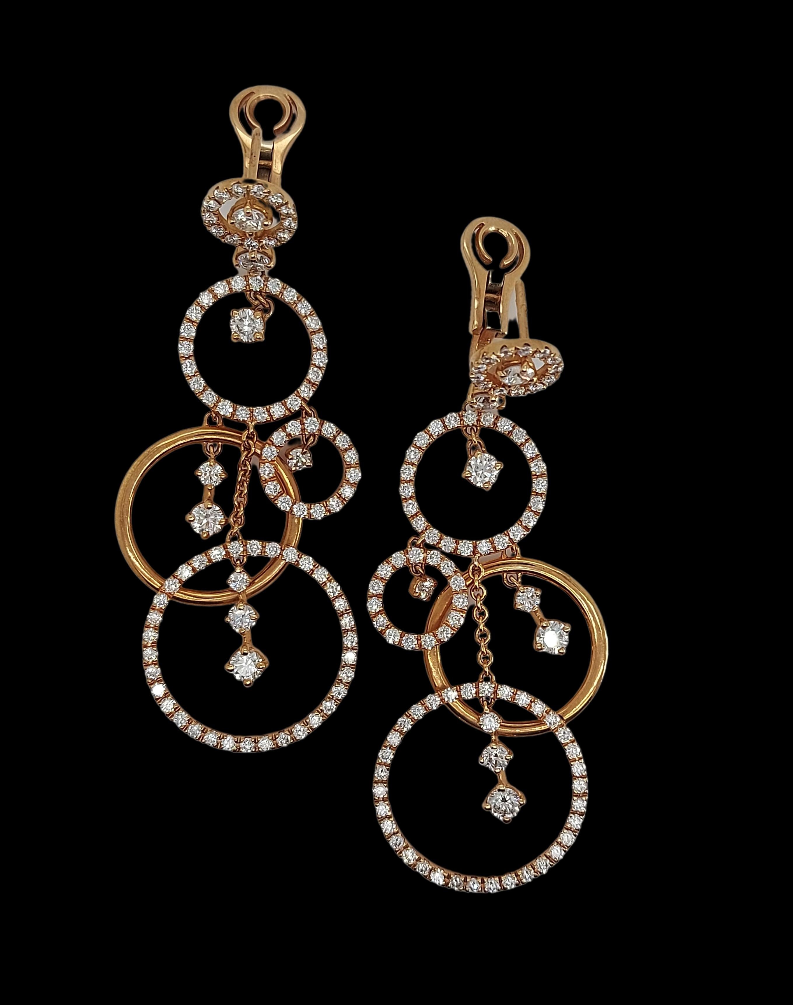 Glamorous 18kt Pink Gold Dangle Loops Earrings with 4.79ct Diamonds For Sale 6