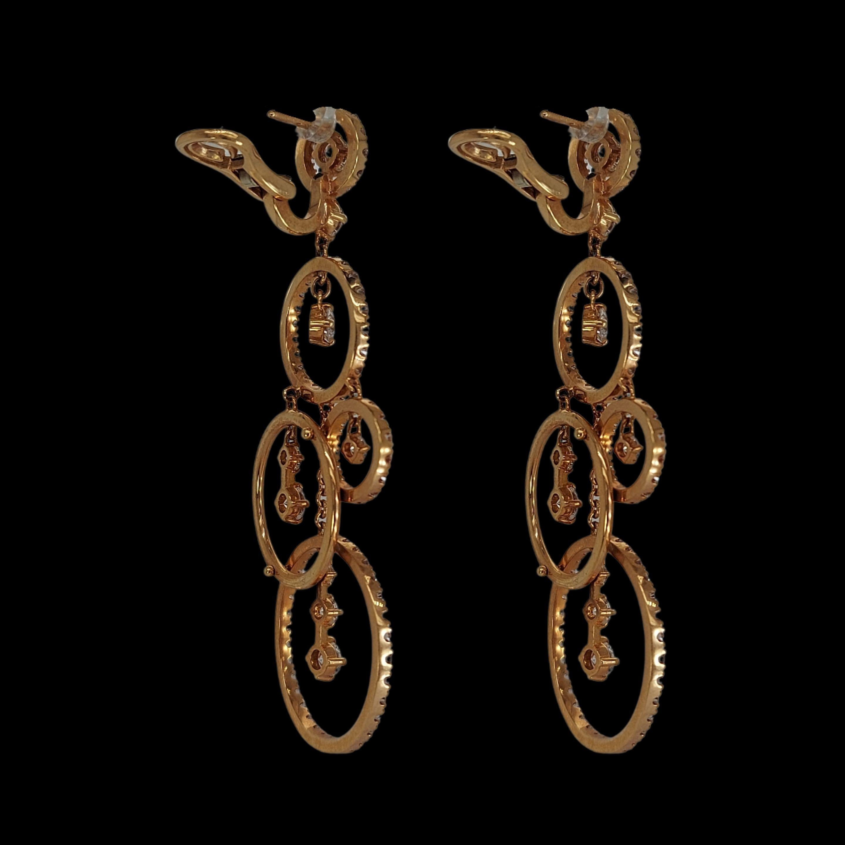 Brilliant Cut Glamorous 18kt Pink Gold Dangle Loops Earrings with 4.79ct Diamonds For Sale