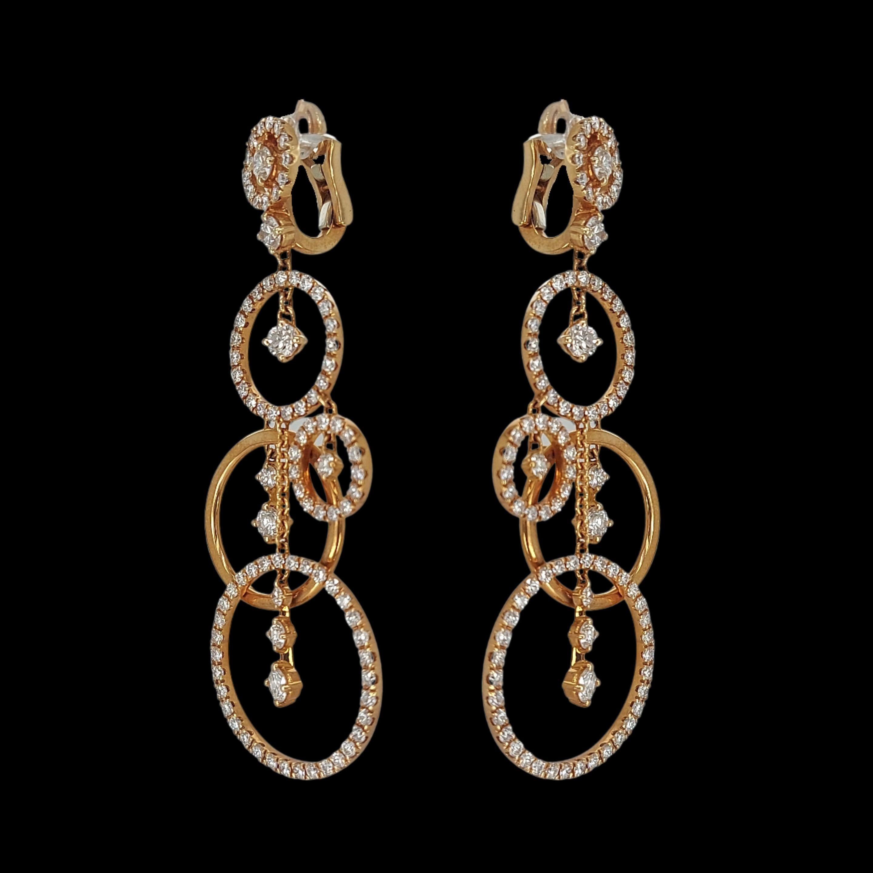 Women's or Men's Glamorous 18kt Pink Gold Dangle Loops Earrings with 4.79ct Diamonds For Sale