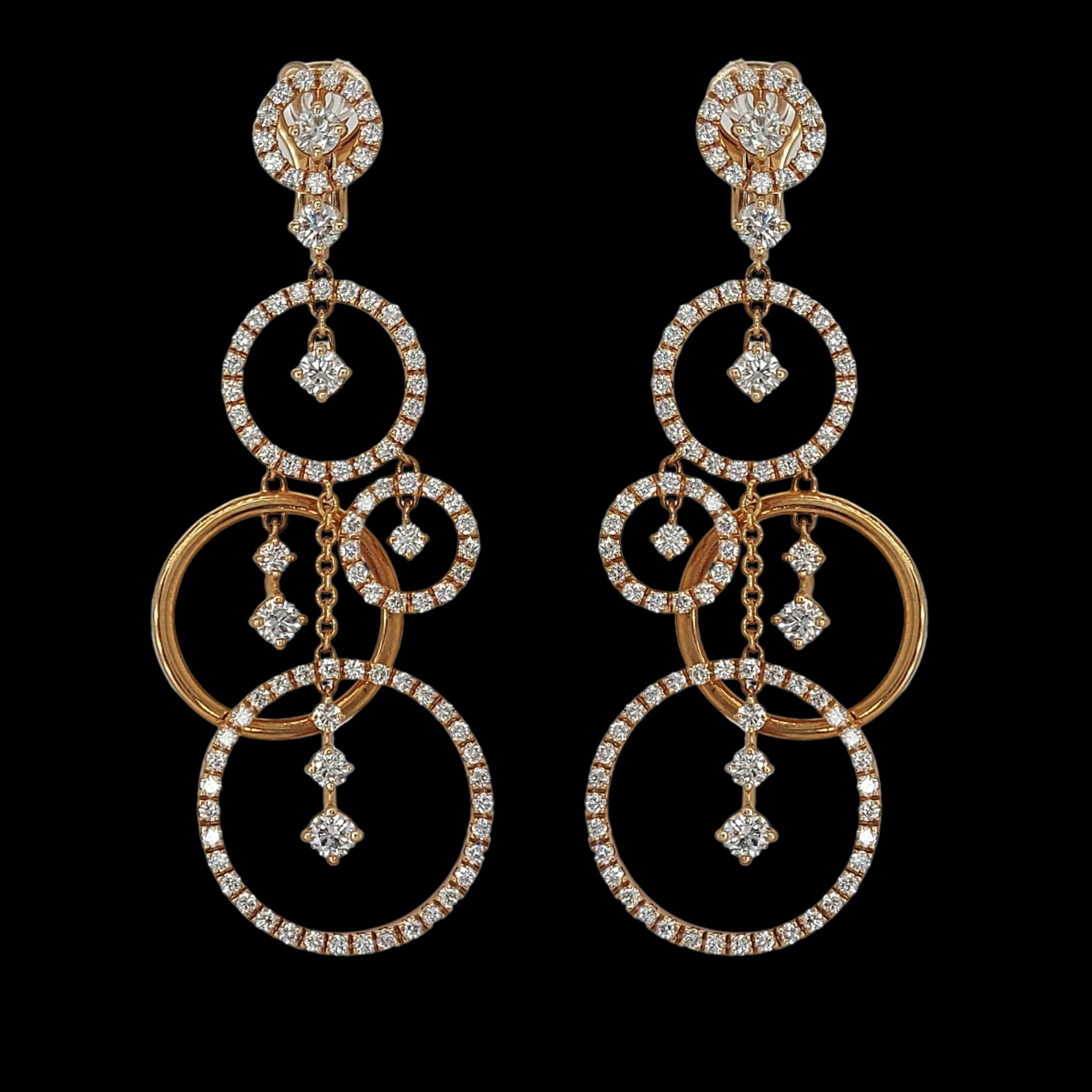 Glamorous 18kt Pink Gold Dangle Loops Earrings with 4.79ct Diamonds For Sale 1