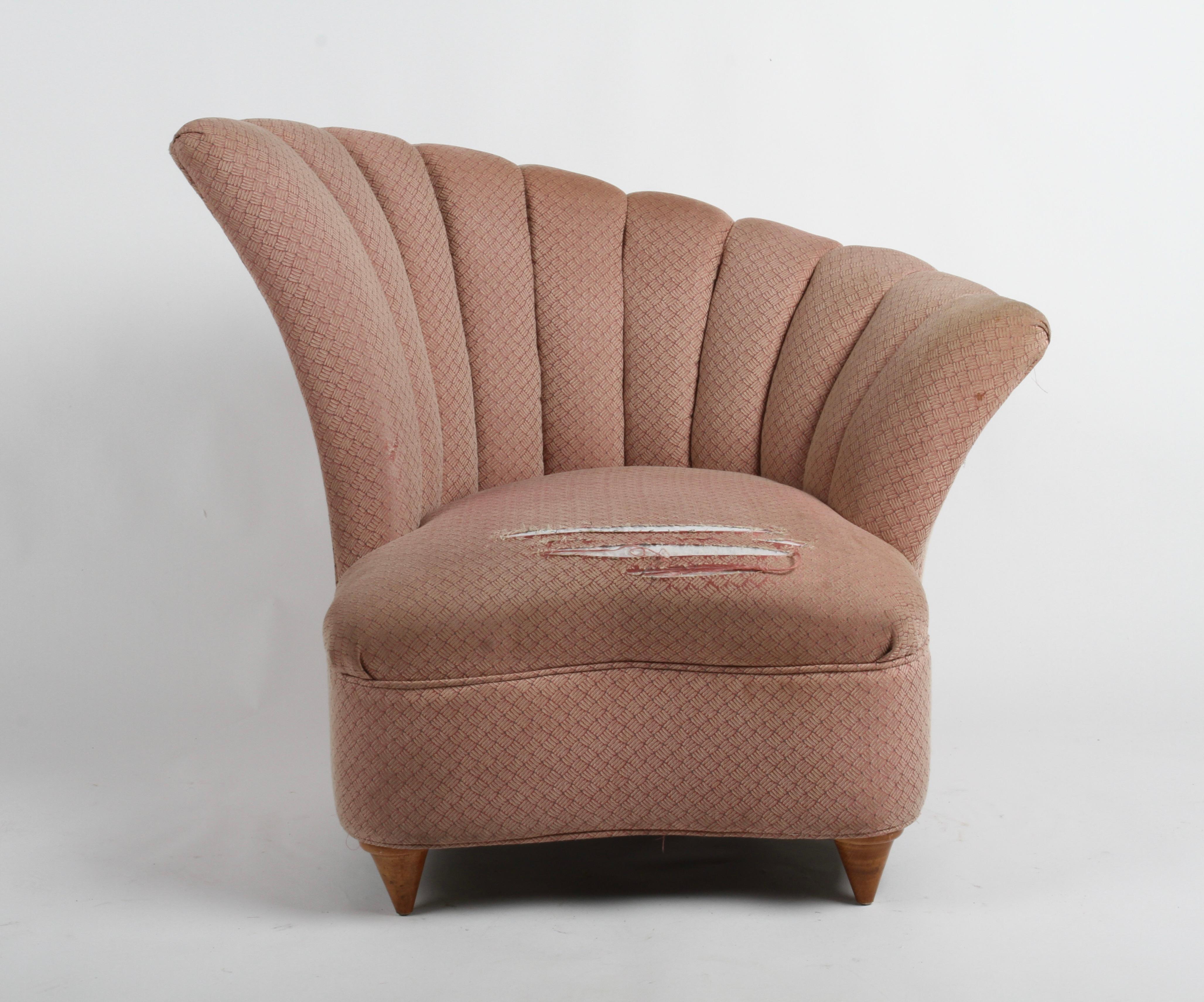 Glamorous 1940s Hollywood Regency Asymmetrical Scallop Back Slipper Chair In Fair Condition In St. Louis, MO