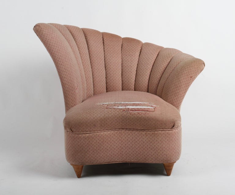Glamorous 1940s Hollywood Regency Asymmetrical Scallop Back Slipper Chair In Fair Condition For Sale In St. Louis, MO