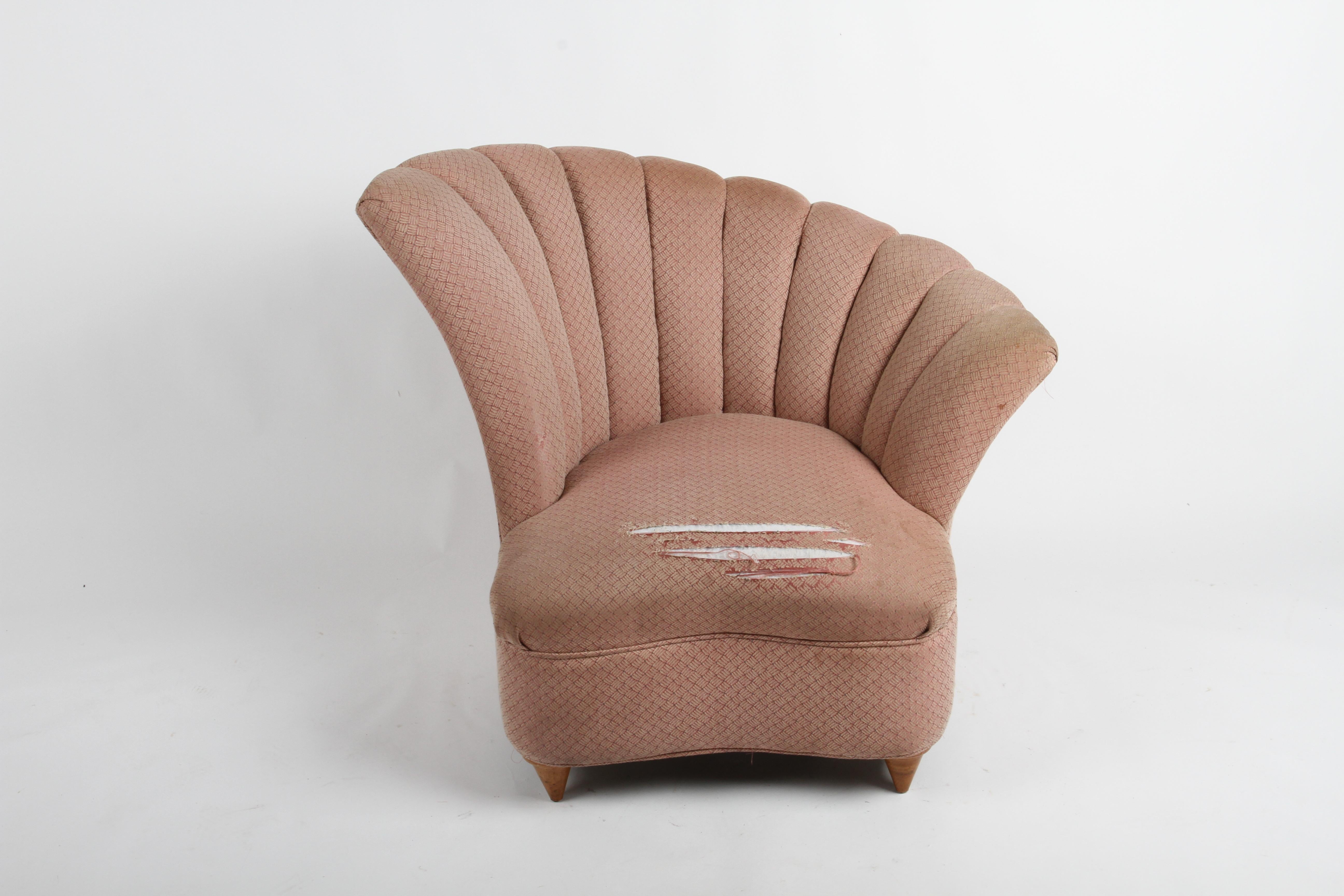 Glamorous 1940s Hollywood Regency Asymmetrical Scallop Back Slipper Chair In Fair Condition In St. Louis, MO