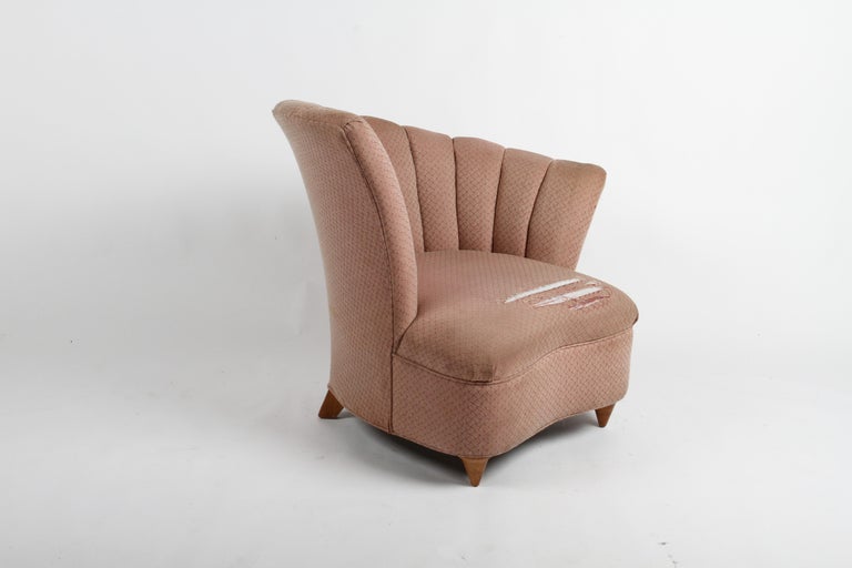 Upholstery Glamorous 1940s Hollywood Regency Asymmetrical Scallop Back Slipper Chair For Sale