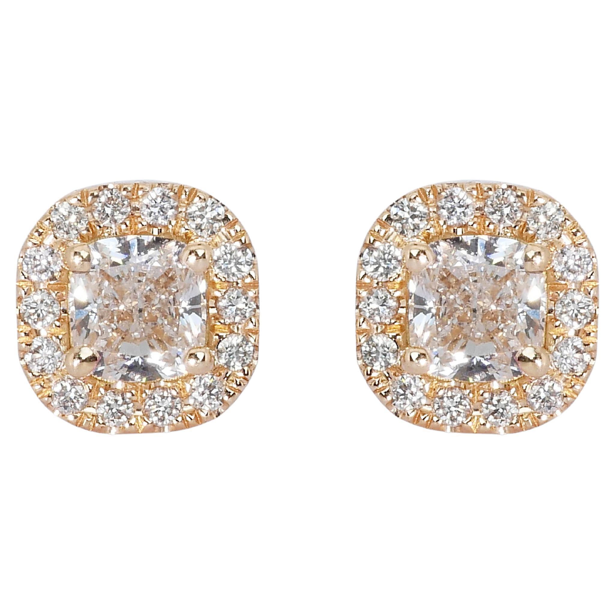 Glamouröse Halo-Ohrringe mit 2,20 Karat Diamanten in  18 Karat Gelbgold – GIA-zertifiziert im Angebot