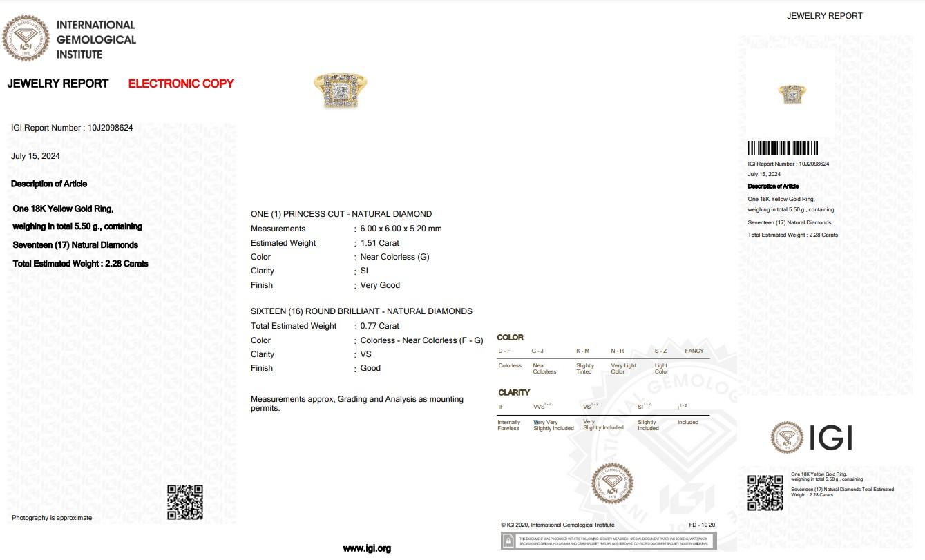 Anello aureola con 2,28 carati di diamanti in oro giallo 18 carati - Certificato IGI in vendita 1