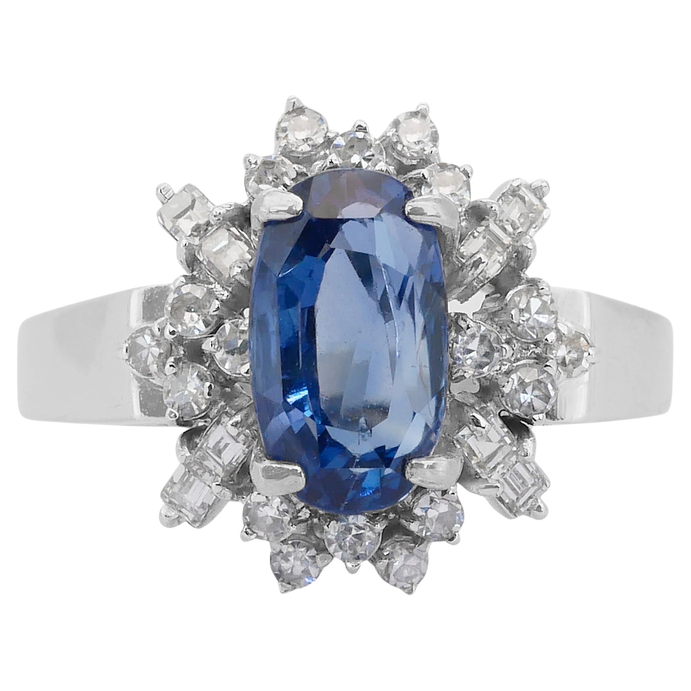Glamorous 2.50ct Sapphire and Diamonds Cluster Ring in 14k White Gold