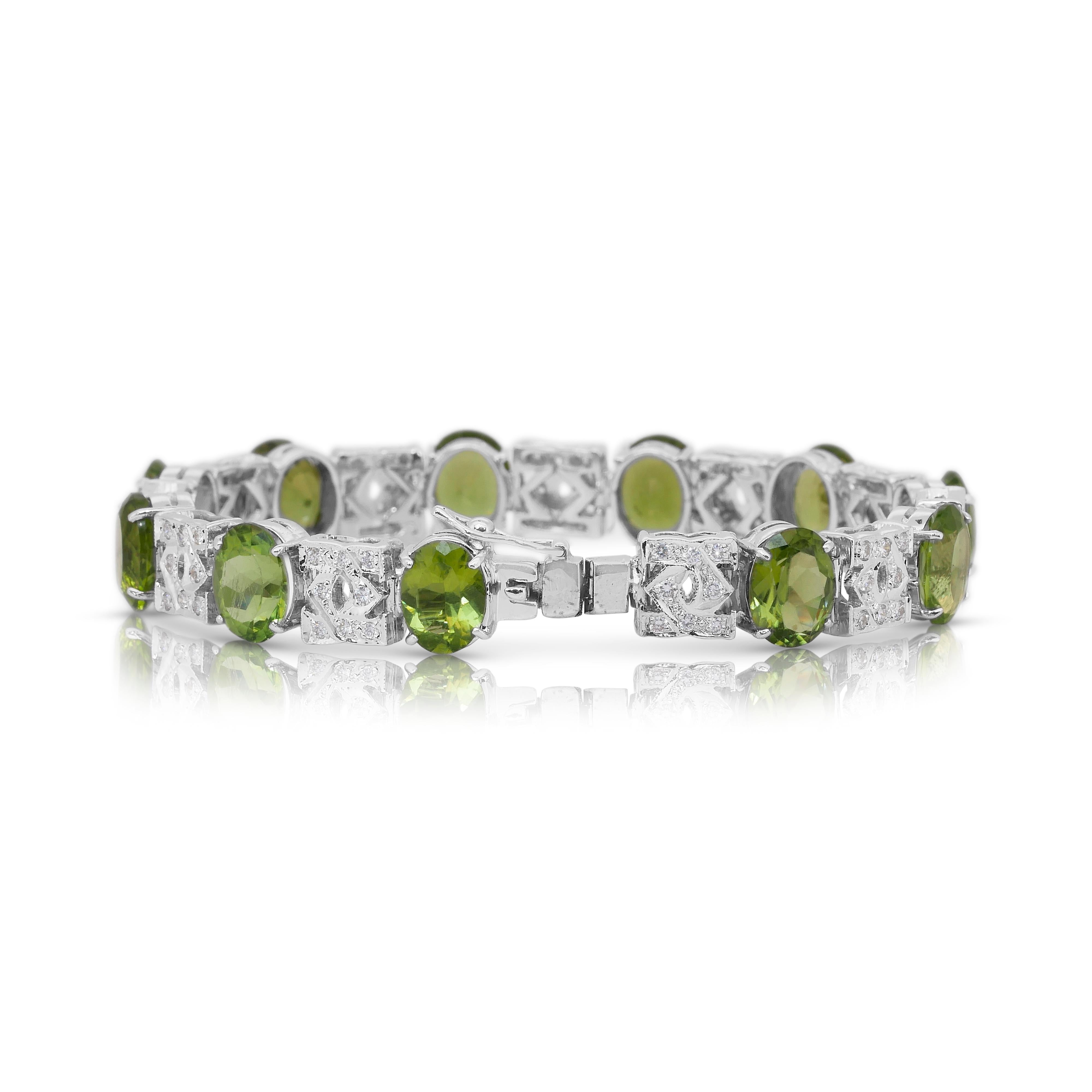 Oval Cut Glamorous 27.42ct Peridots and Diamonds Bracelet in 14k White Gold For Sale