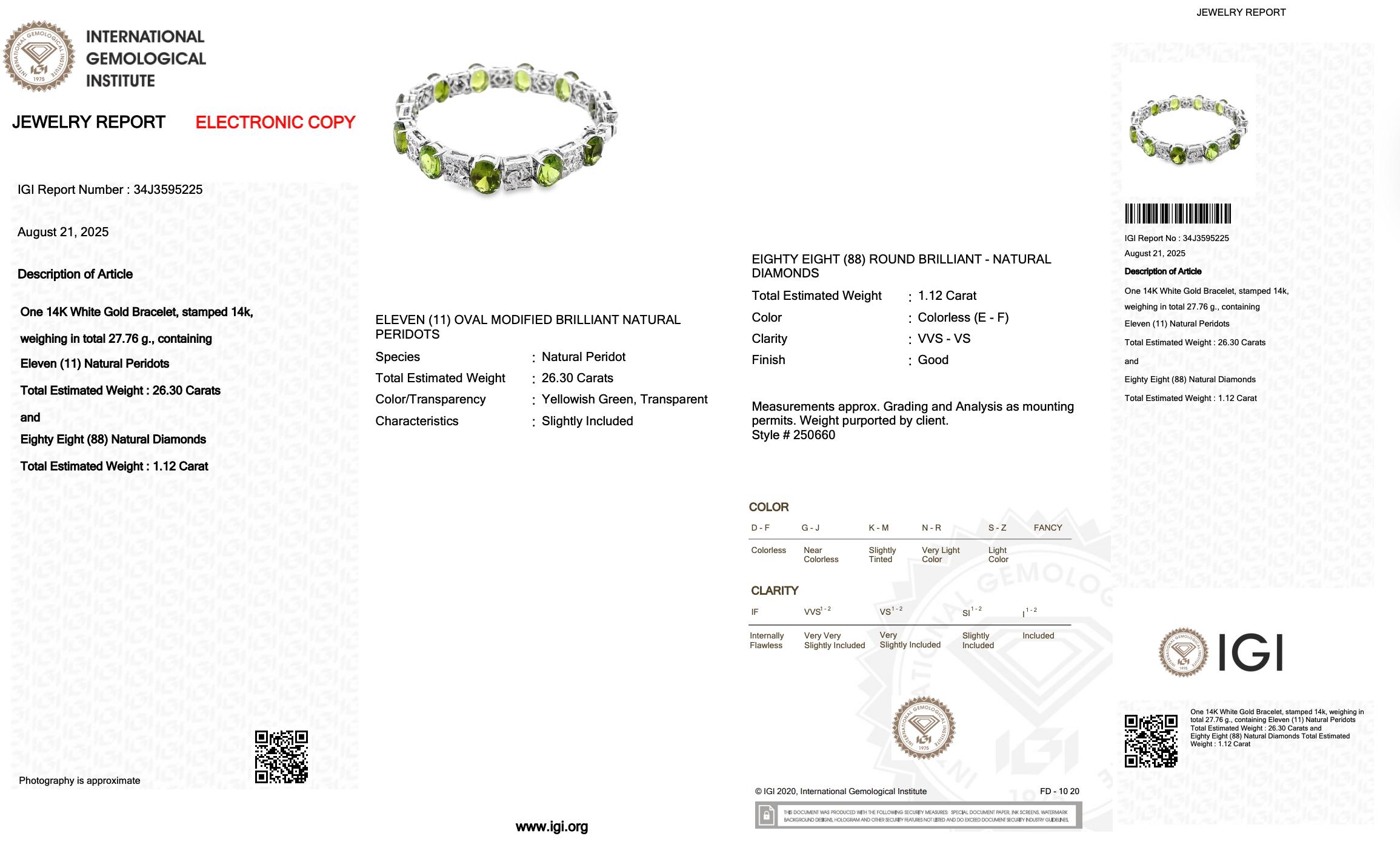 Women's Glamorous 27.42ct Peridots and Diamonds Bracelet in 14k White Gold For Sale