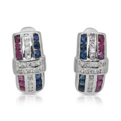 Glamorous 2.75ct Diamonds, Sapphires, and Rubies Earrings in 14k White Gold