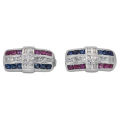 Glamorous 2.75ct Diamonds, Sapphires, and Rubies Earrings in 14k White Gold