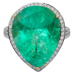 Glamorous 28.26ct Emerald and Diamonds Cluster Ring in 18k White Gold
