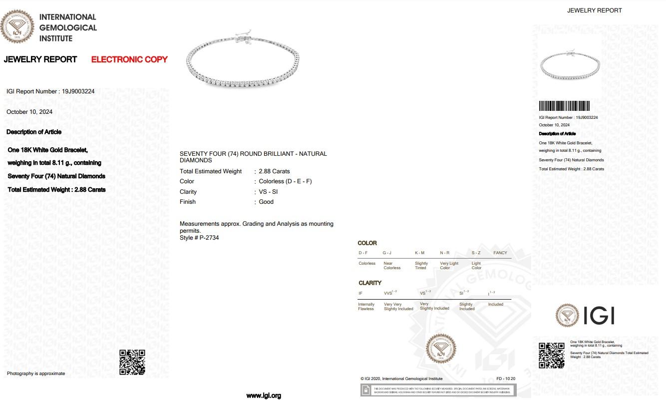 De las mujeres Glamuroso  Pulsera de tenis de oro blanco de 18 quilates con diamantes de 2,88 ct - Certificado IGI en venta