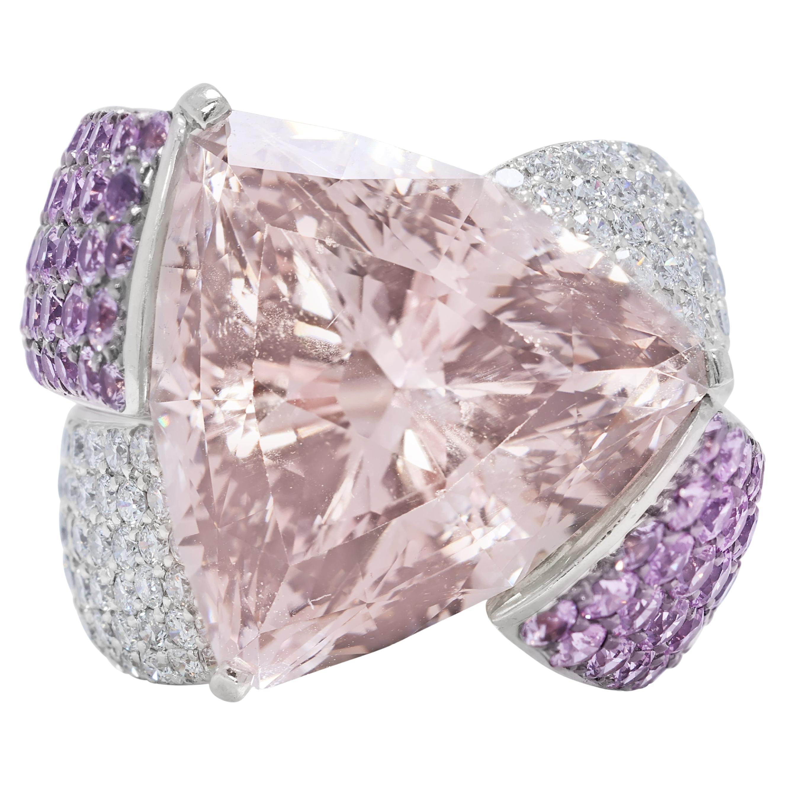 Glamorous 32.08ct Morganite, Pink Sapphire, and Diamond Ring in 18k White Gold