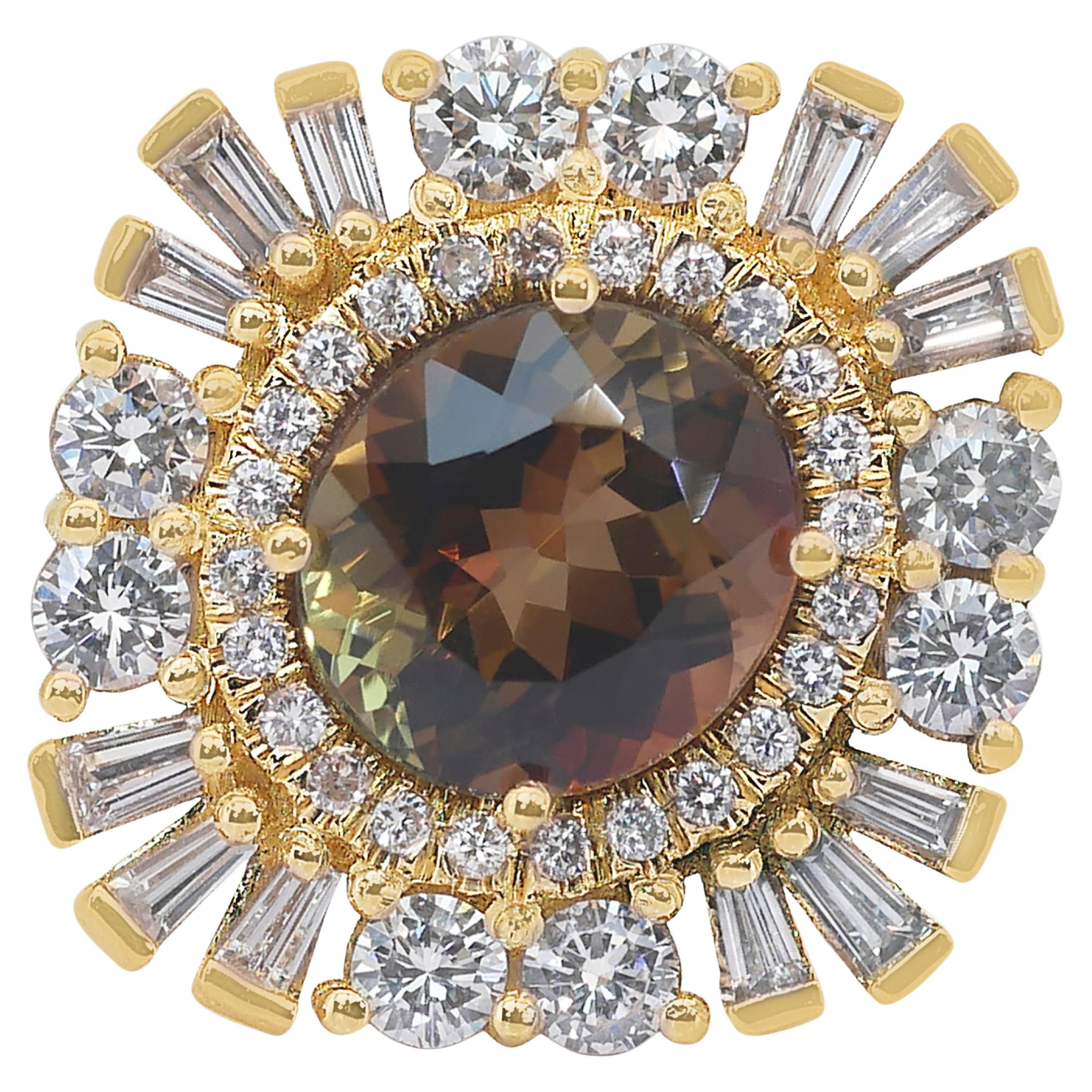 Glamorous 4.36ct Andalusite and Diamonds Cluster Ring in 18k Yellow Gold