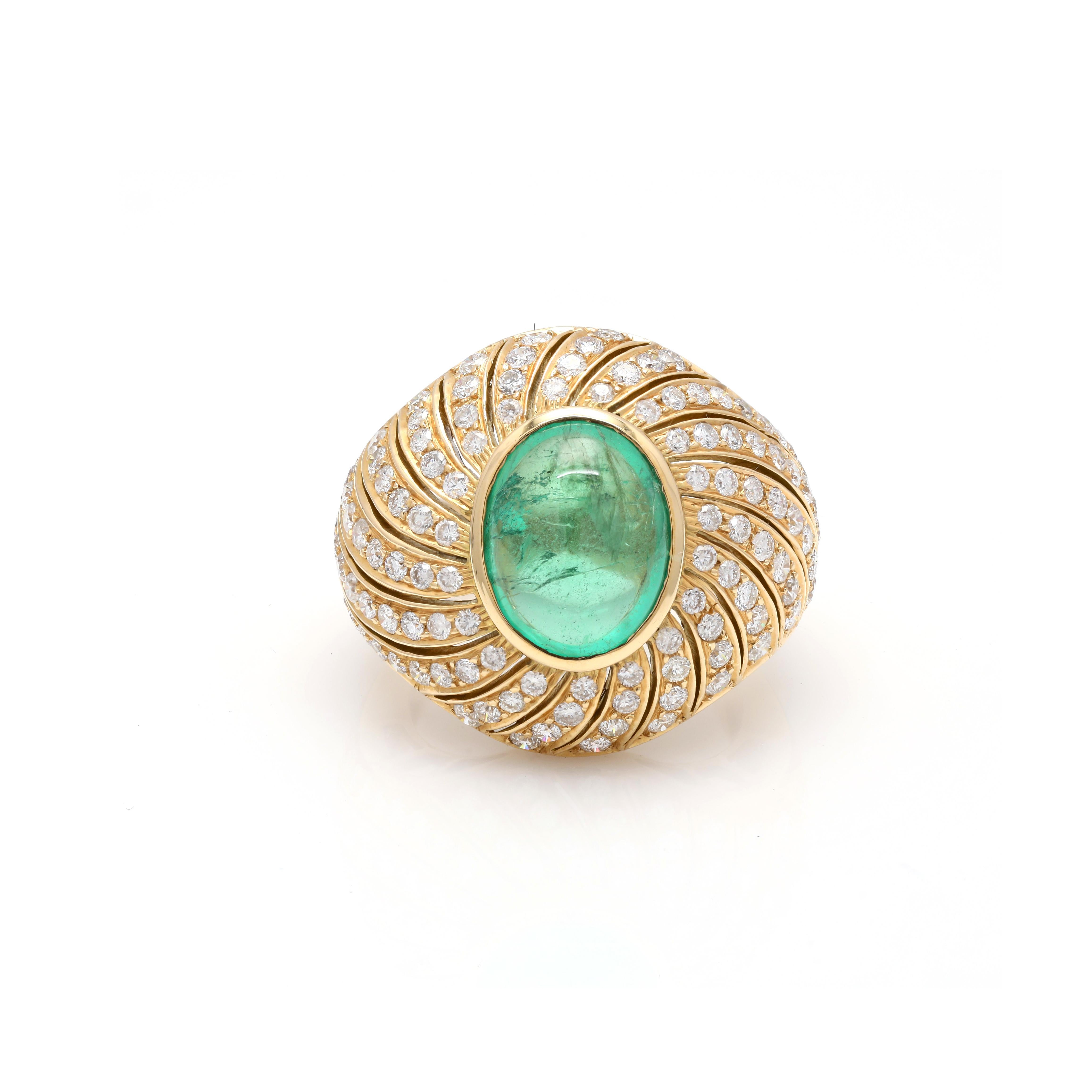 For Sale:  Mesmerizing 4.38 Carat Emerald Cocktail Ring with Diamonds in 18K Yellow Gold 2