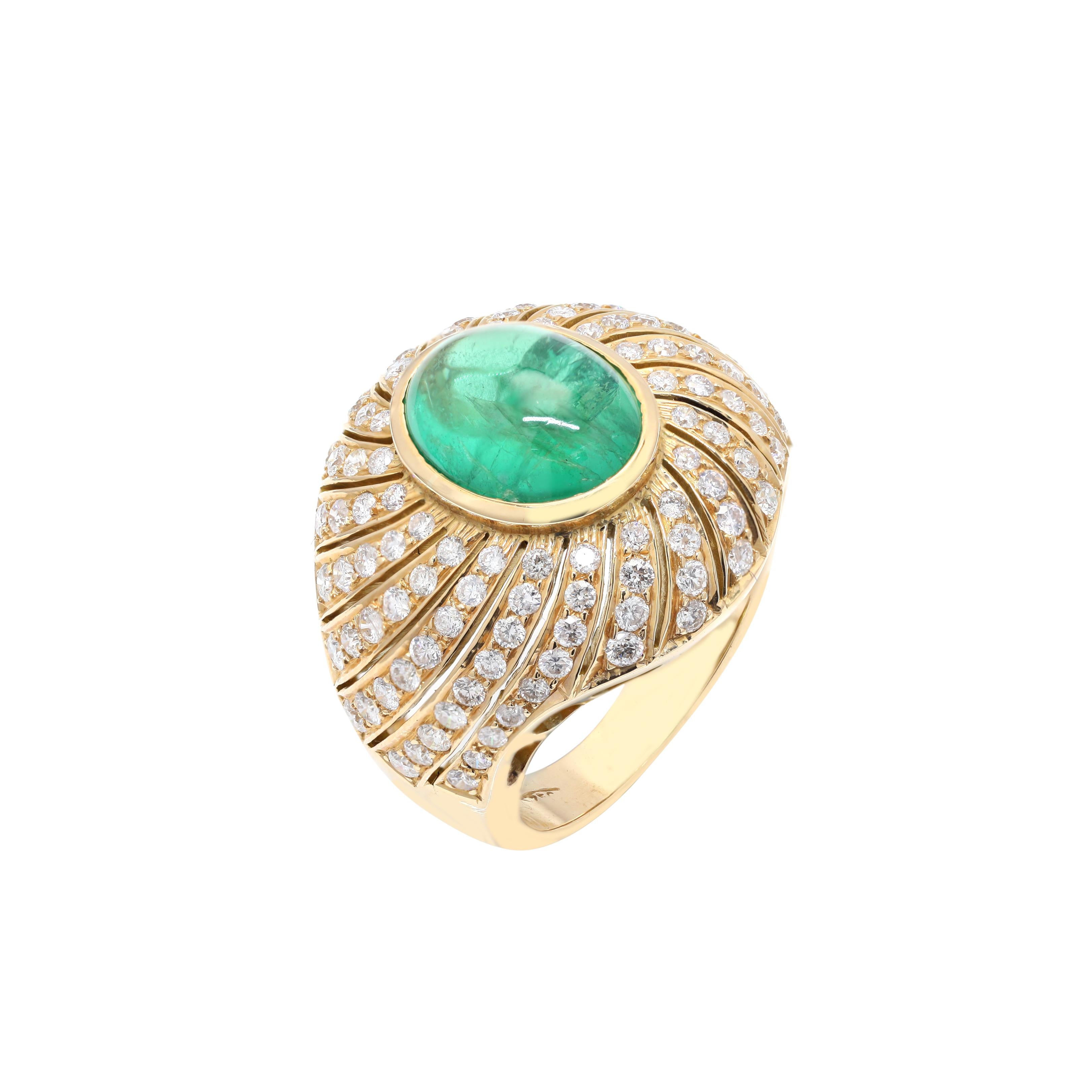 For Sale:  Mesmerizing 4.38 Carat Emerald Cocktail Ring with Diamonds in 18K Yellow Gold 4