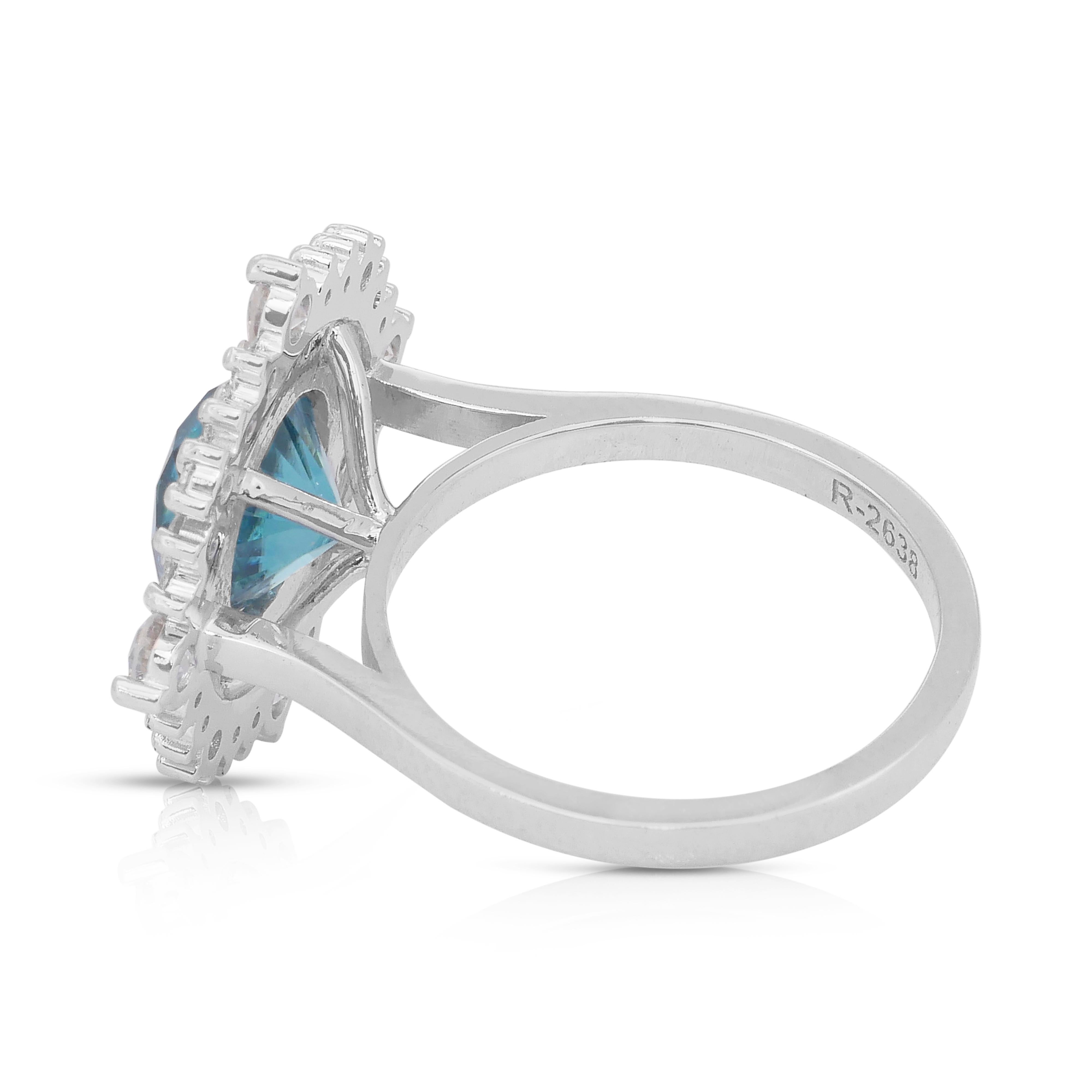 Glamorous 5.03ct Zircon and Diamonds Double Halo Cocktail Ring in 18k White Gold In New Condition For Sale In רמת גן, IL