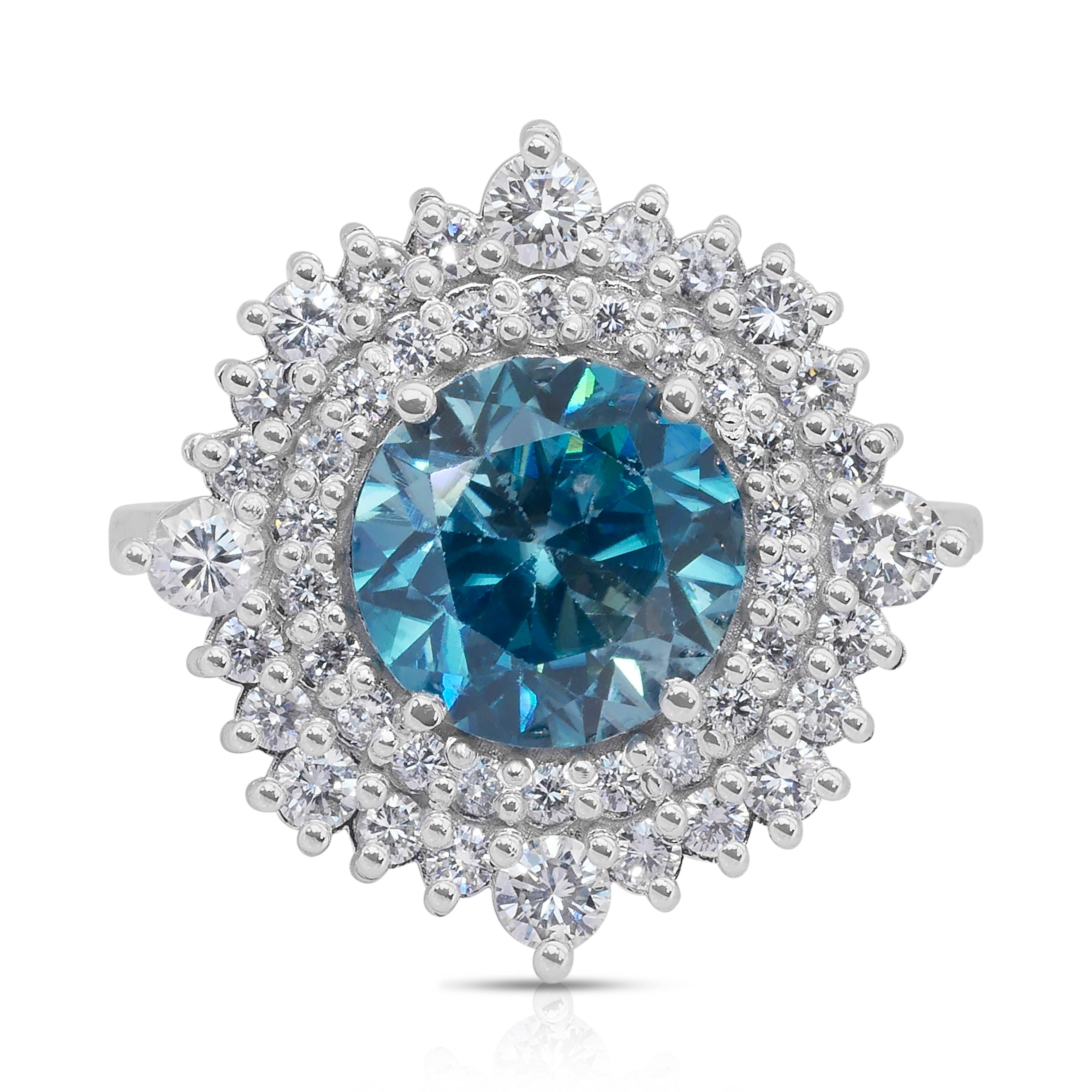 Glamorous 5.03ct Zircon and Diamonds Double Halo Cocktail Ring in 18k White Gold For Sale