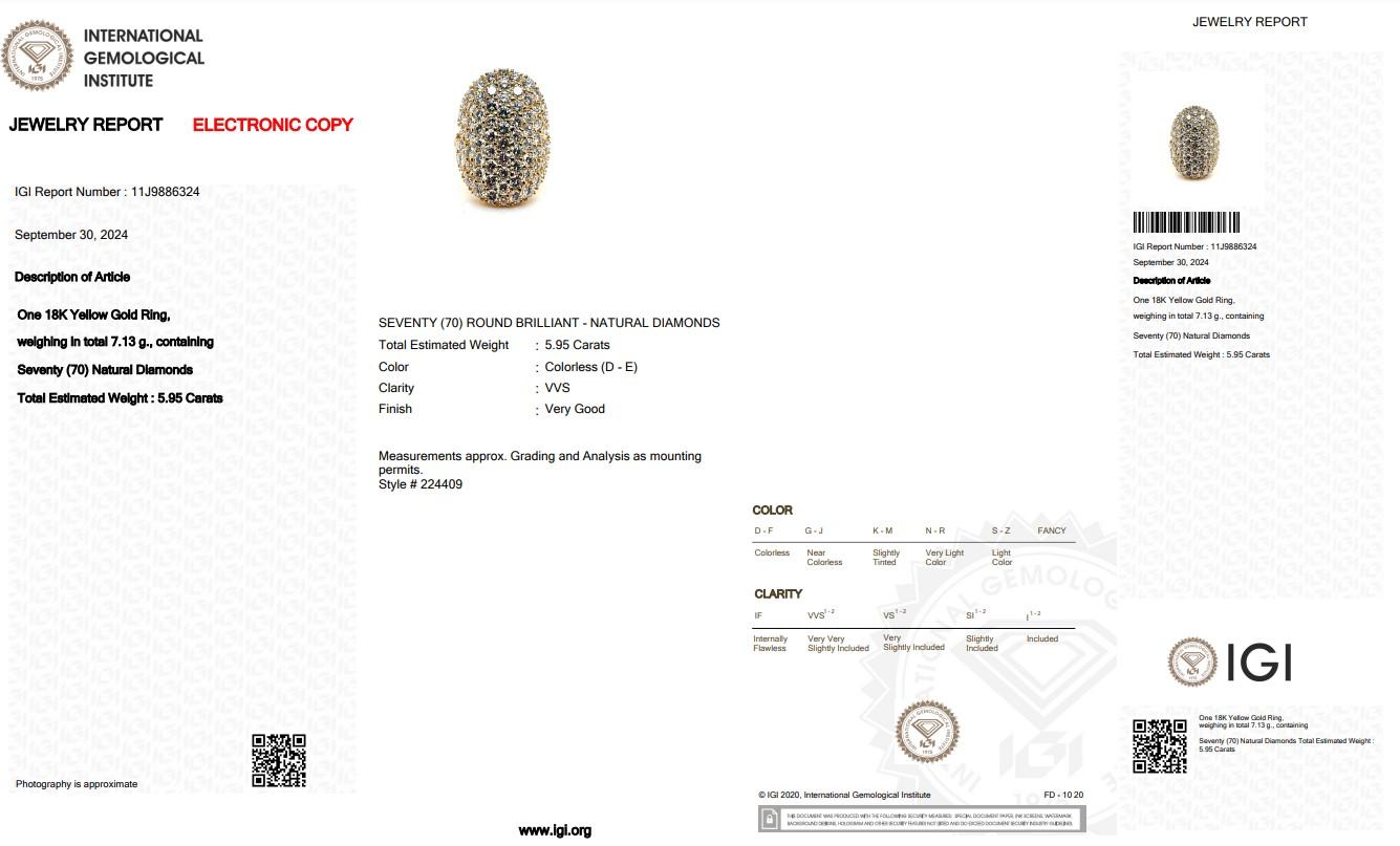 Women's Glamorous 5.95ct Diamonds Cocktail Ring in 18k Yellow Gold - IGI Certified