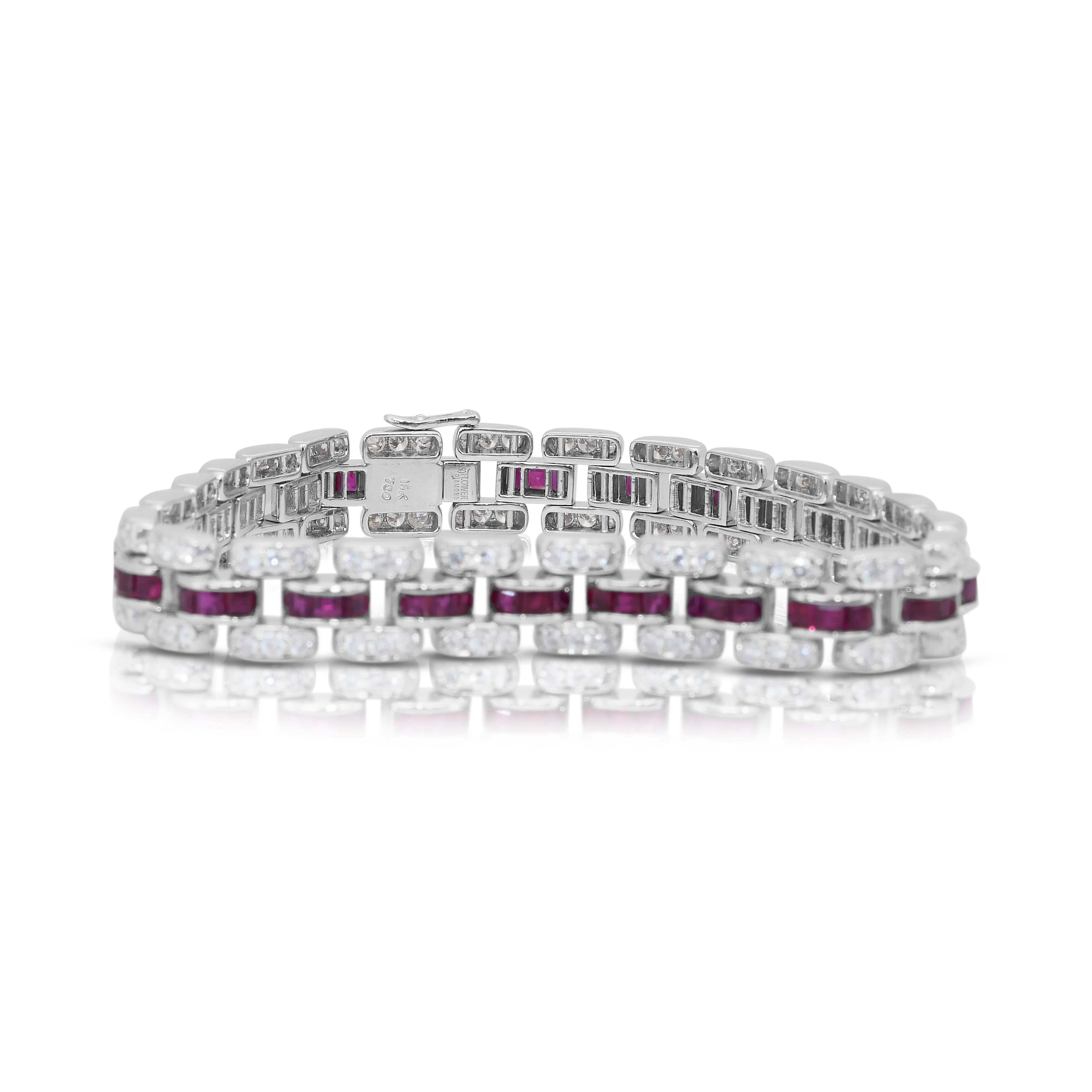 Quadrato Bracciale glamour con rubini e diamanti da 7,26 carati in oro bianco 18 carati - certificato IGI in vendita