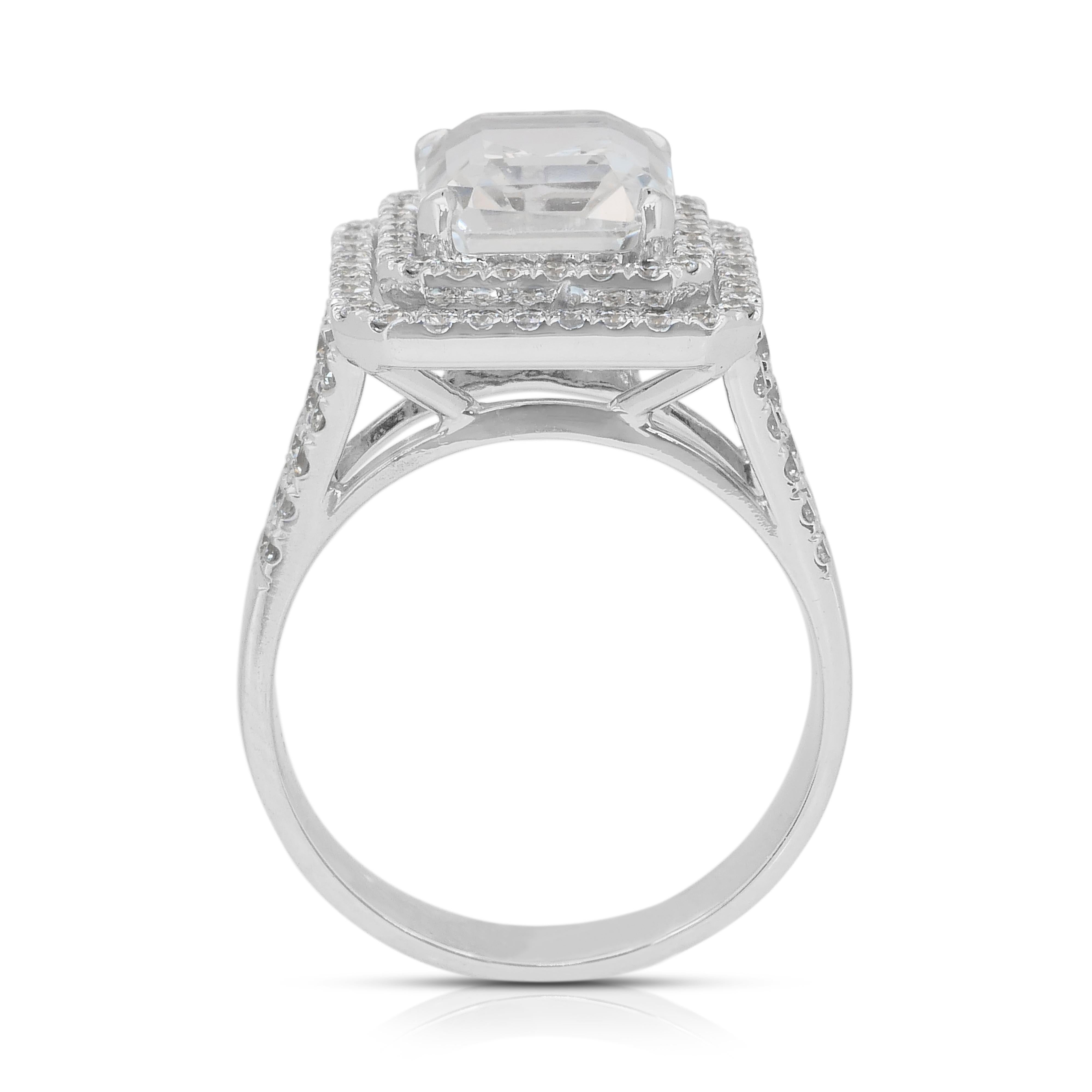 Glamorous 7.62ct Topaz and Diamonds Double Halo Ring in 18k White Gold in vendita 3