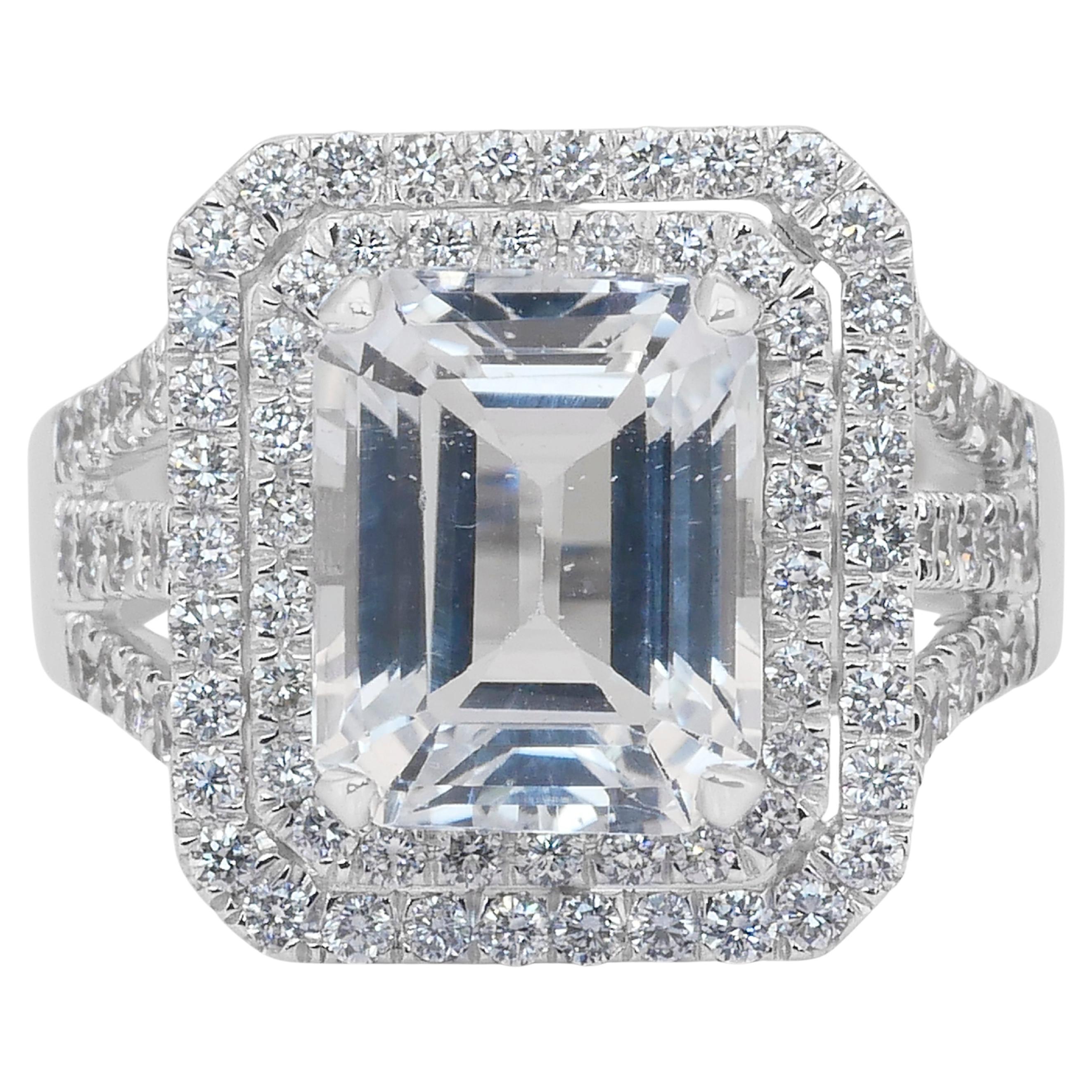Glamorous 7.62ct Topaz and Diamonds Double Halo Ring in 18k White Gold