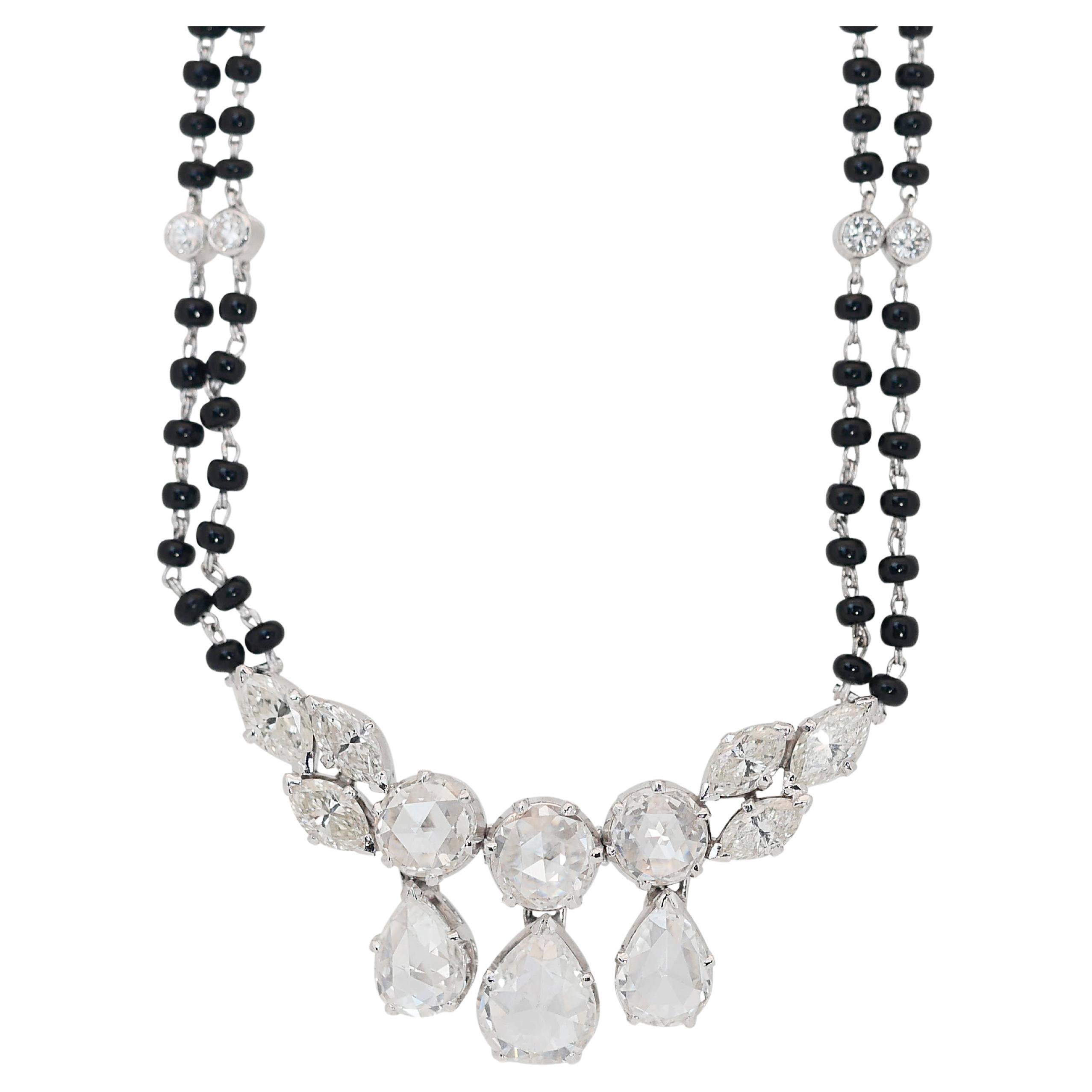 Glamorous 8.02 ct Onyx and Diamond Necklace in 18k White Gold - IGI Certified For Sale