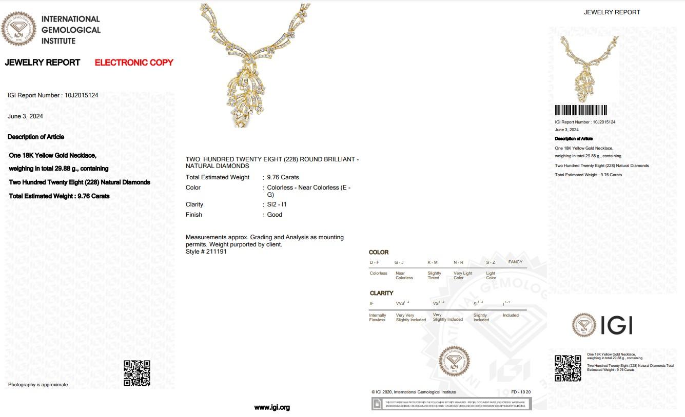 Glamorous 9.76ct Diamonds Necklace in 18k Yellow Gold - IGI Certified For Sale 1