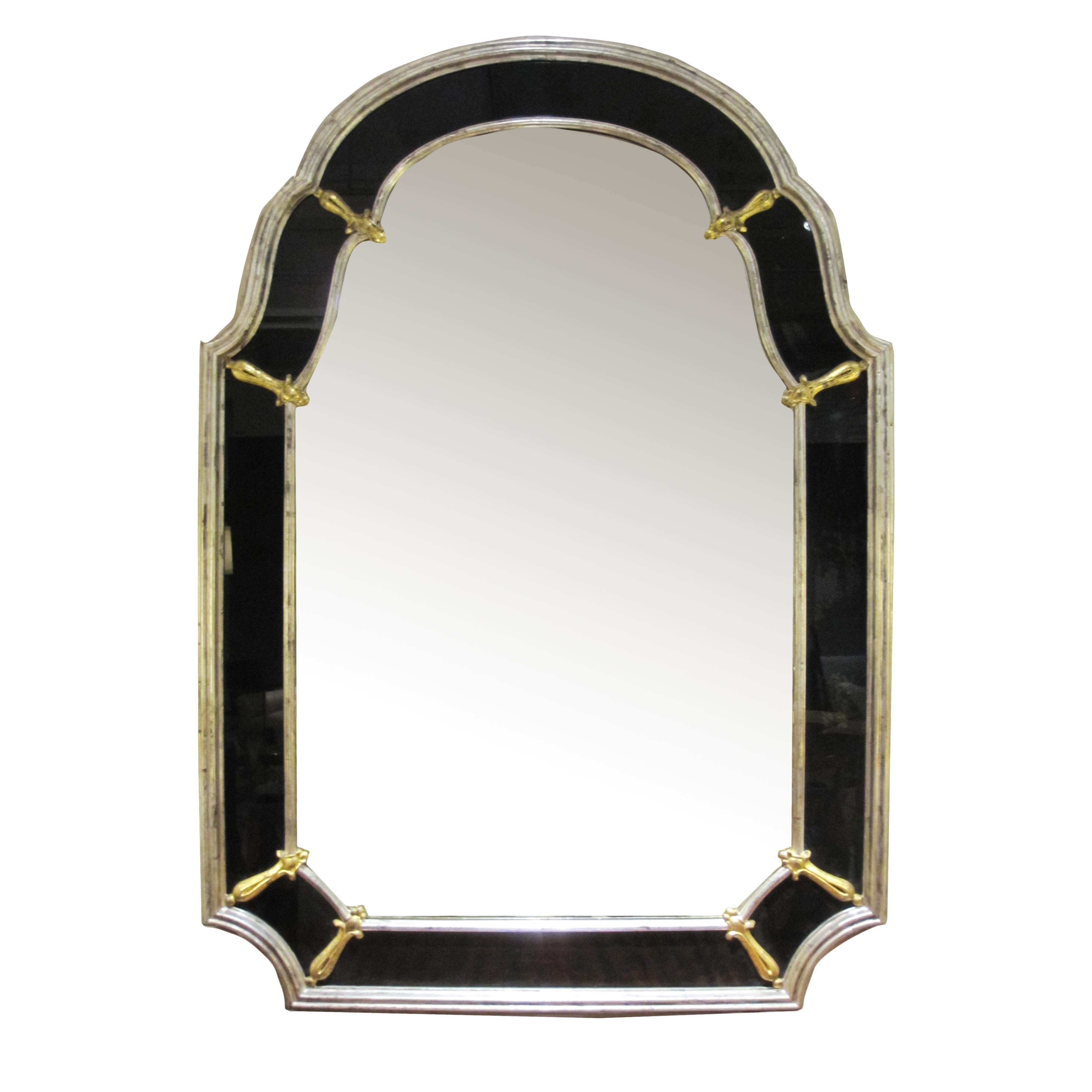Mid-20th Century Glamorous American Hollywood Regency Silver Giltwood Mirror W Black Glass Border
