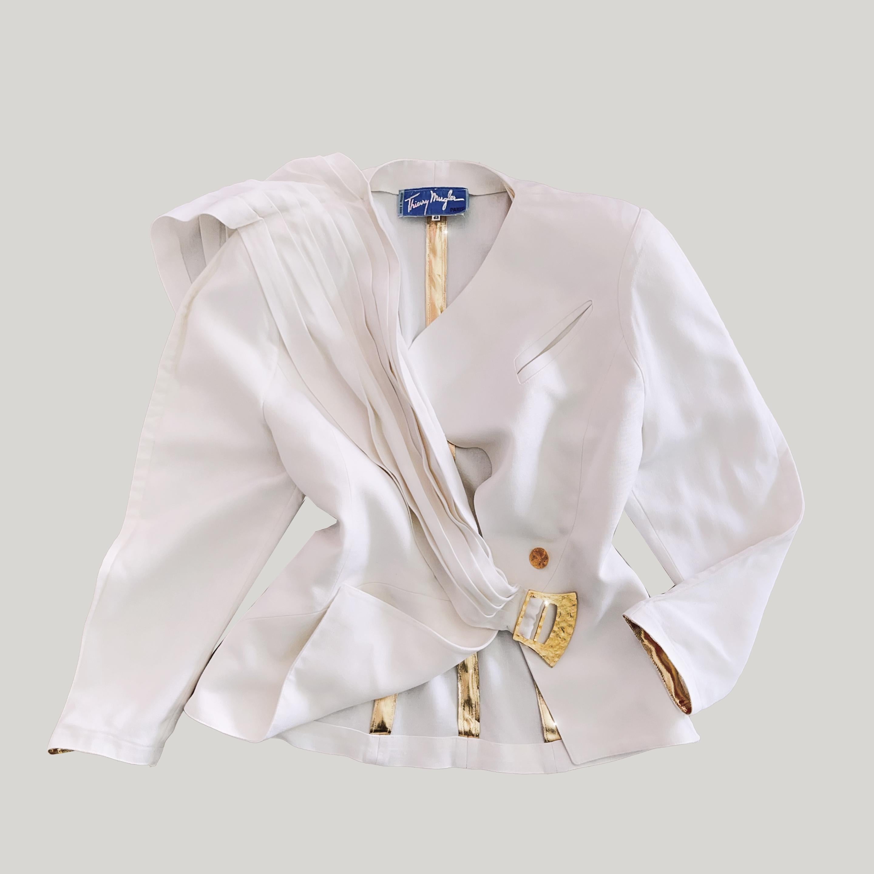 Glamorous Archival Thierry Mugler SS 1986 Gold White Iconic Skirtsuit For Sale 6