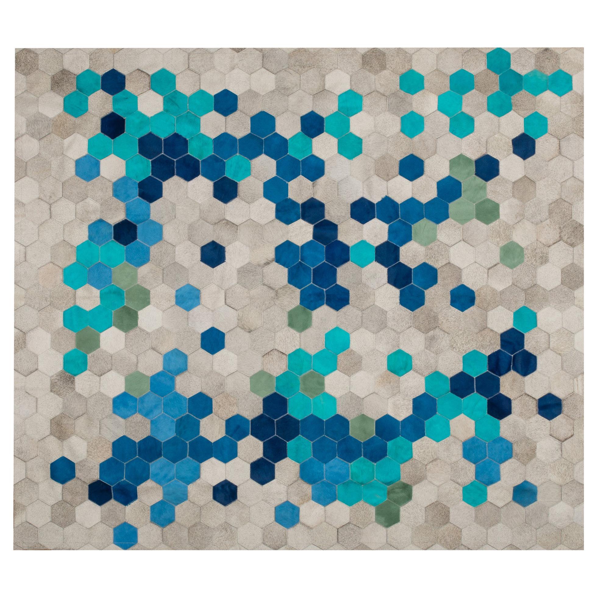 Angulo, Glamouröser, rechteckiger Art-Déco-Bodenteppich aus blauem Rindsleder von Art Hide