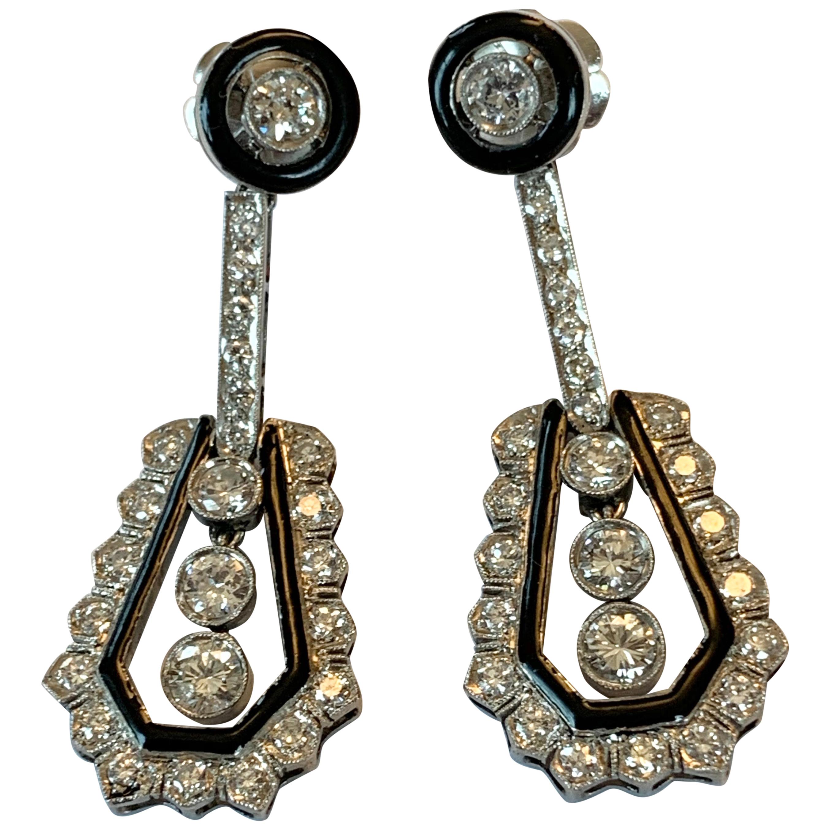 Glamorous Art Déco Enamel and Diamond Pendant Earrings in Platinum