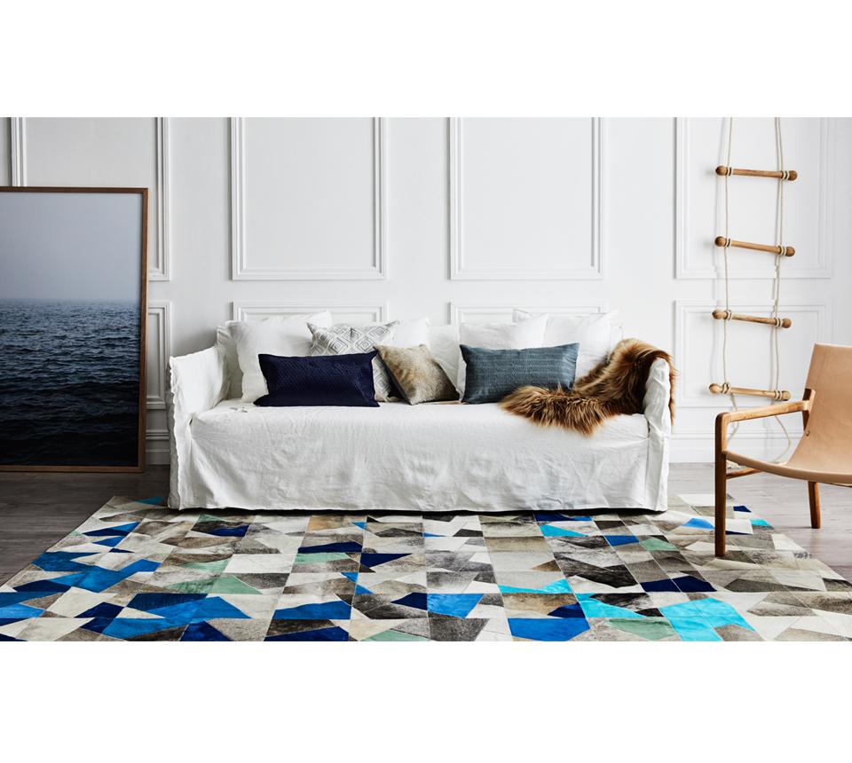 Pakistani Art Deco Blue Gray Faceta Customizable Cowhide Area Floor Rug Small For Sale