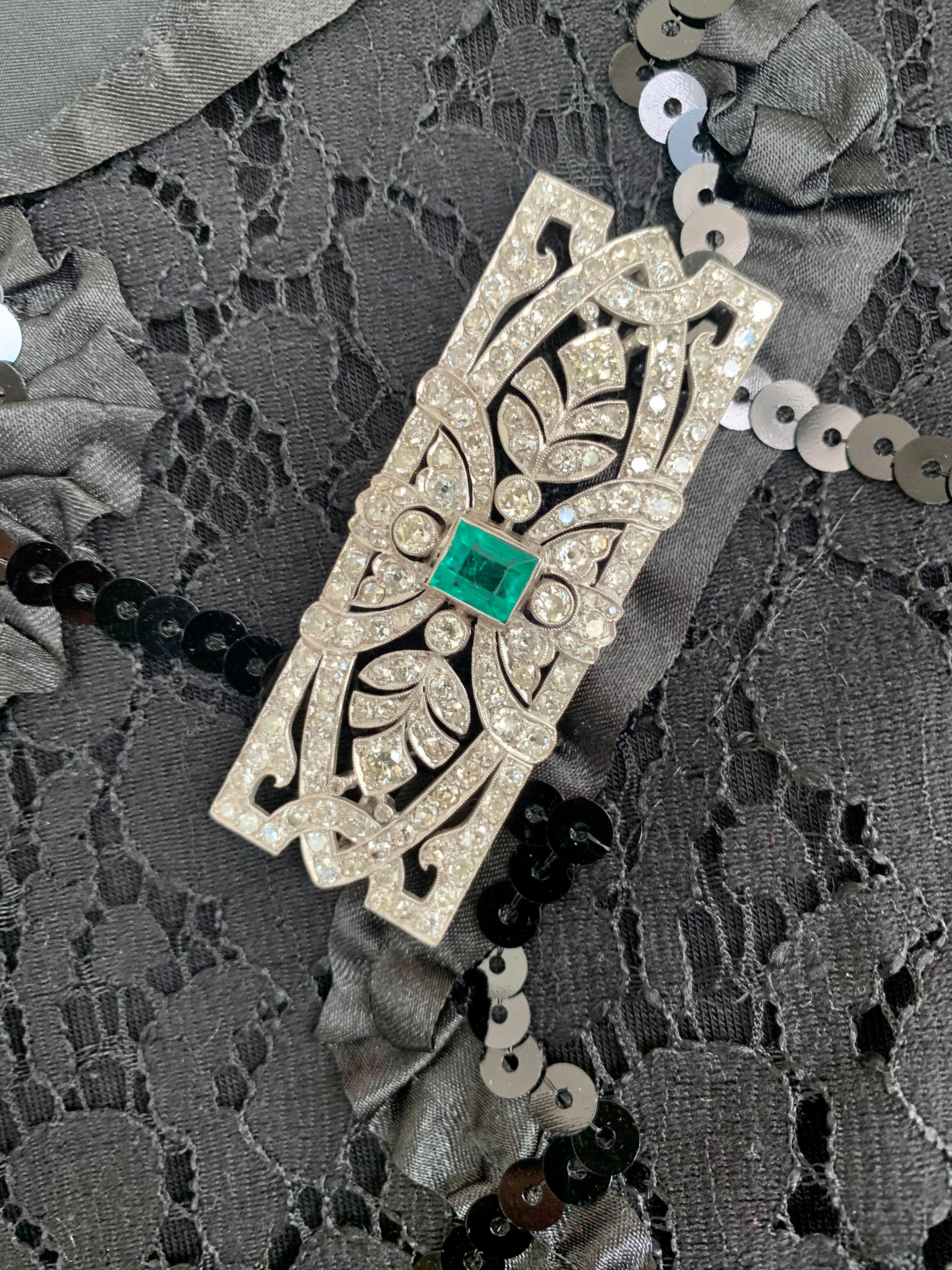 Glamorous Art Deco Platinum Emerald and Diamond Brooch For Sale 6