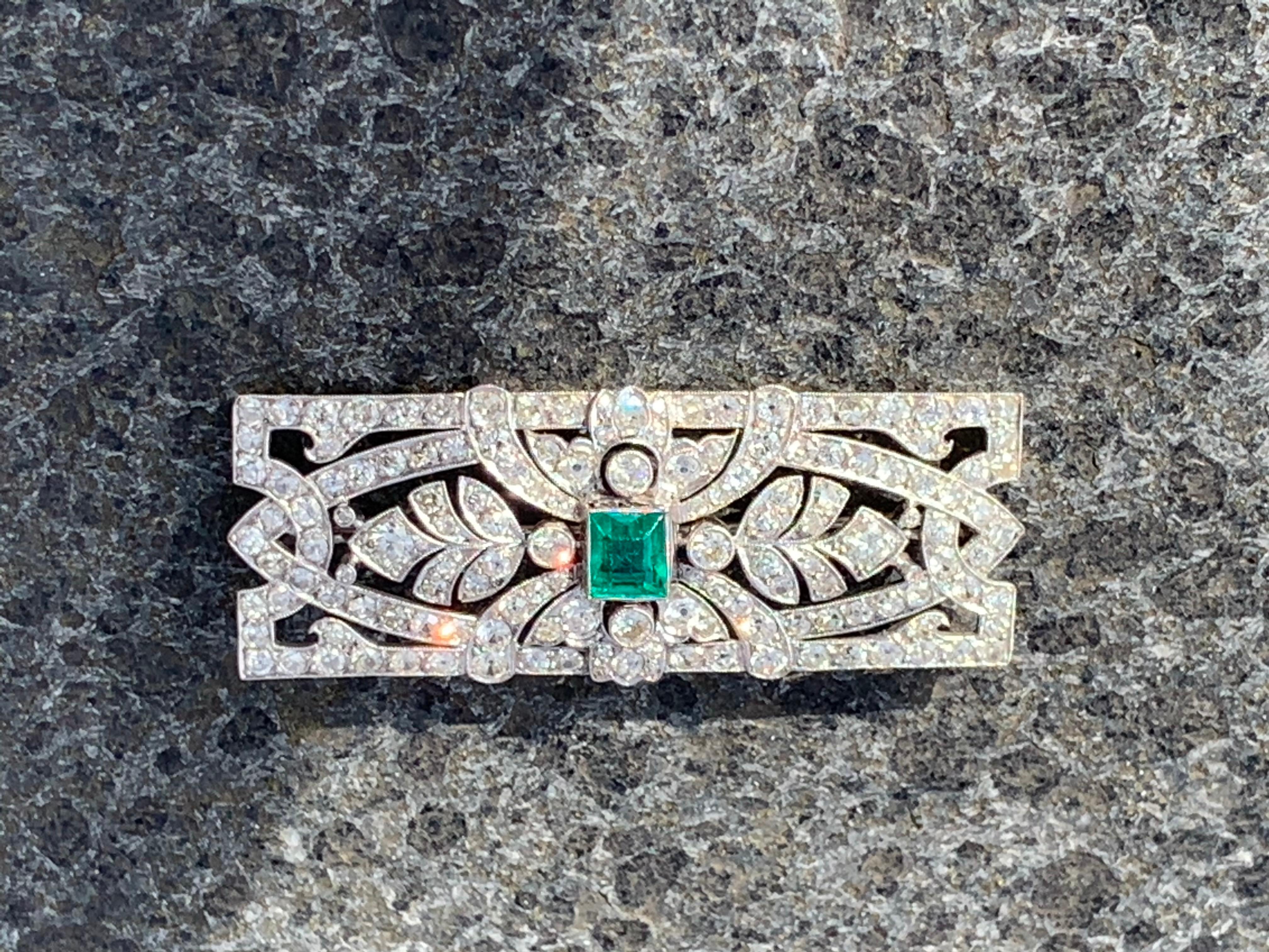 Glamorous Art Deco Platinum Emerald and Diamond Brooch For Sale 8