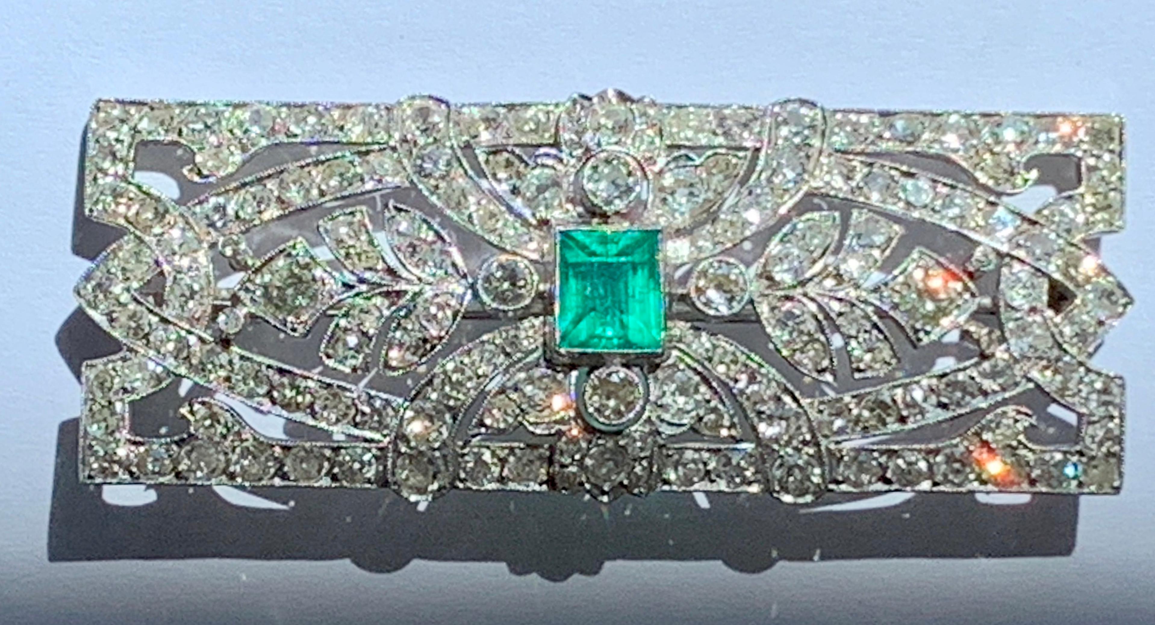 Glamorous Art Deco Platinum Emerald and Diamond Brooch For Sale 2