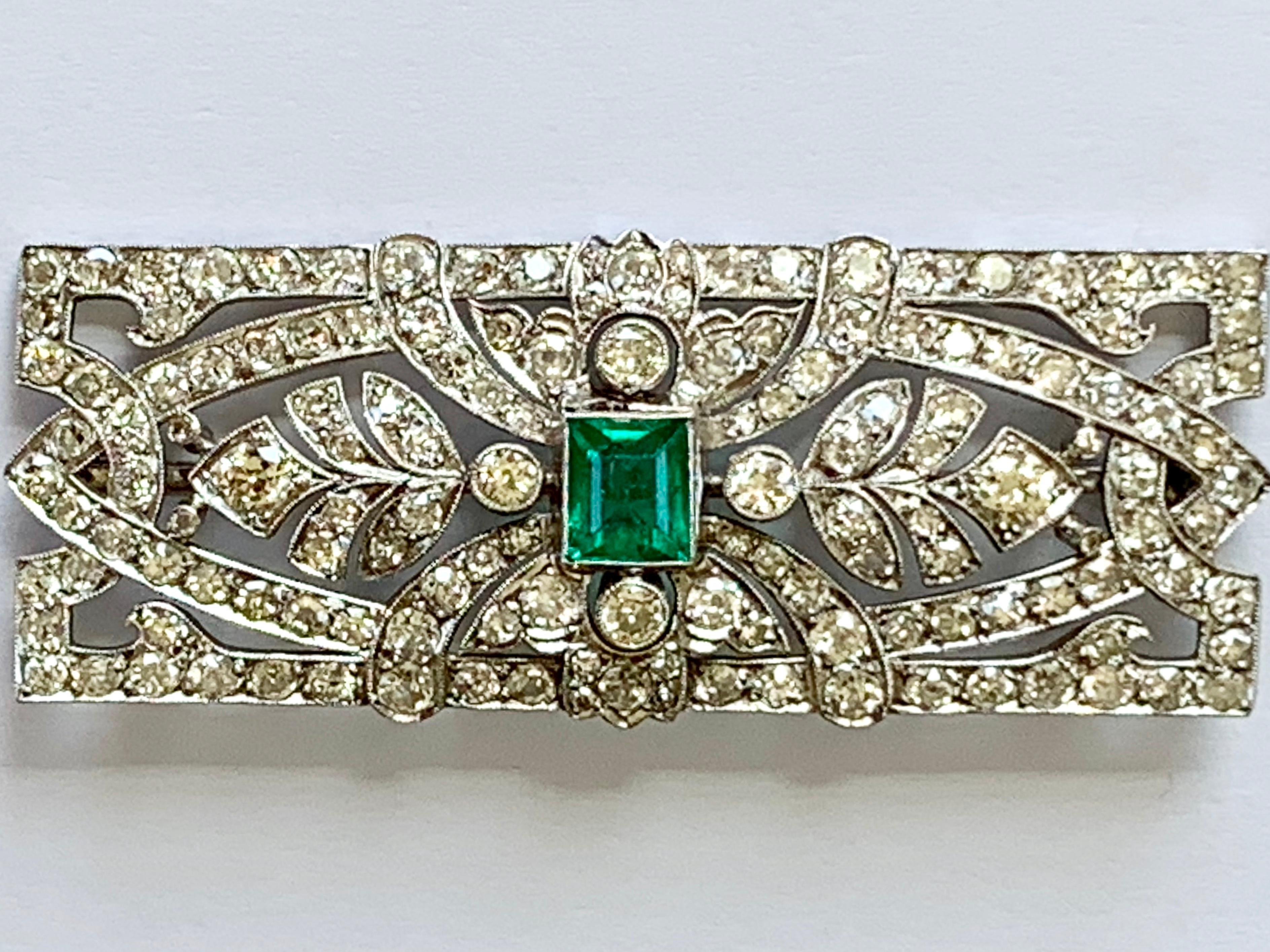 Glamorous Art Deco Platinum Emerald and Diamond Brooch For Sale 3