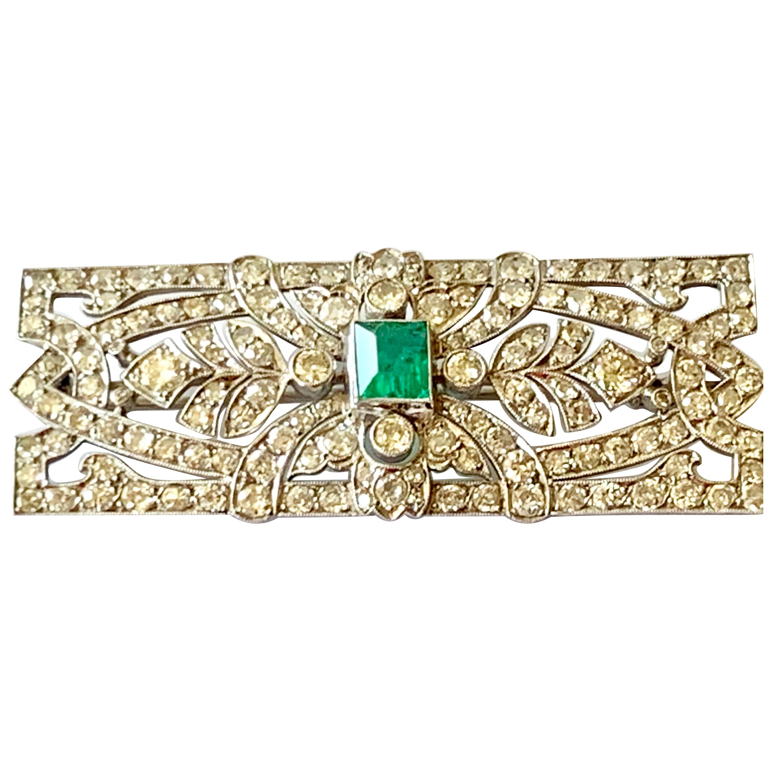 Glamorous Art Deco Platinum Emerald and Diamond Brooch