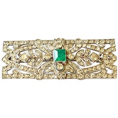 Antique Glamorous Art Deco Platinum Emerald and Diamond Brooch