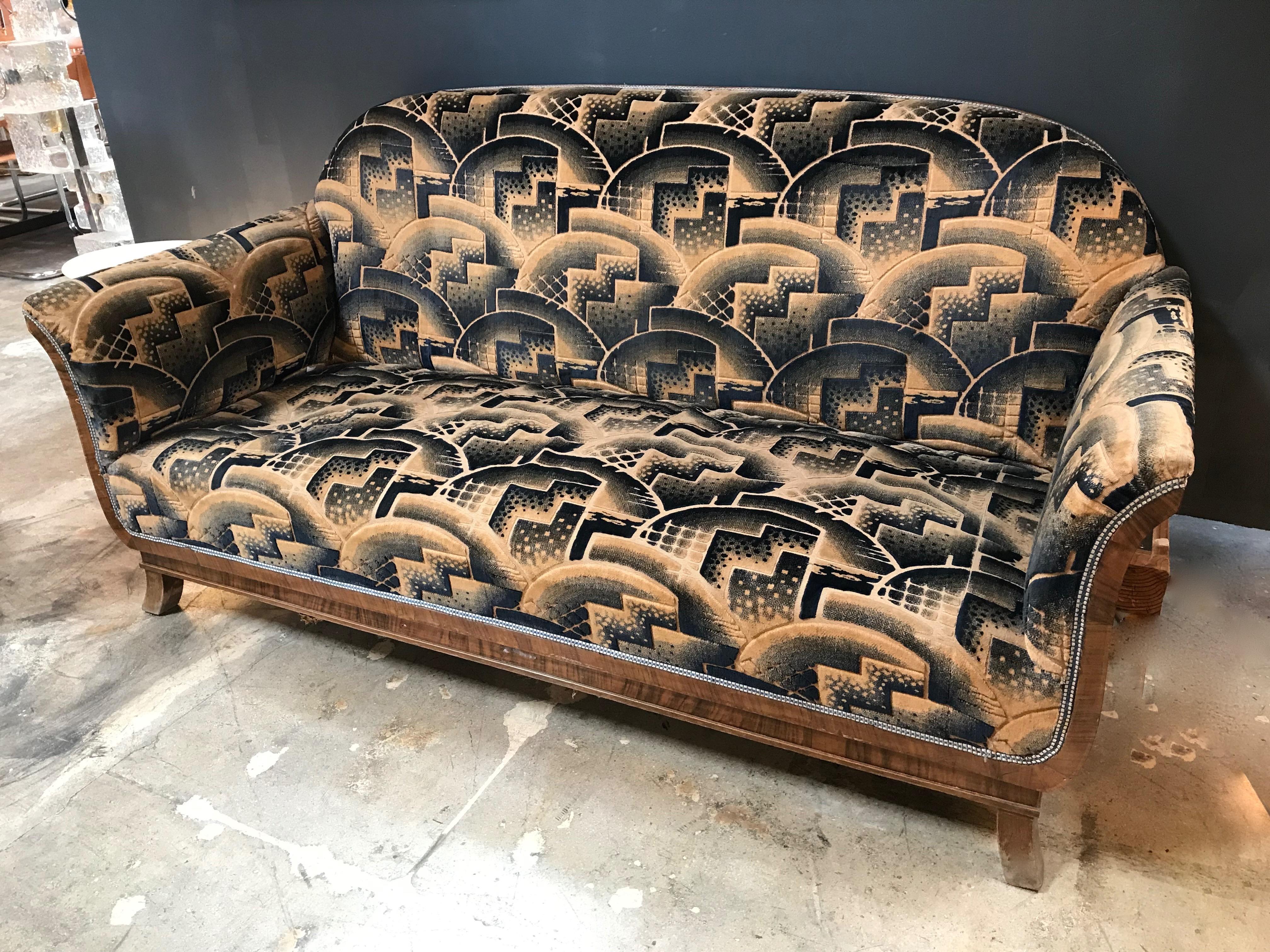 AVAILABLE ONLY TWO CHAIRS NO SOFA
Glamorous Art Deco sofa and two chairs suite in cotton velvet, Italy 1920s
Original, unique , rare fabric in astonishing very good condition.
The two chairs of the set are sell separated . 
Their measures and