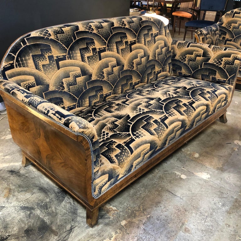 Glamorous Art Deco Sofa and Two Chairs Suite in Cotton Velvet, Italy