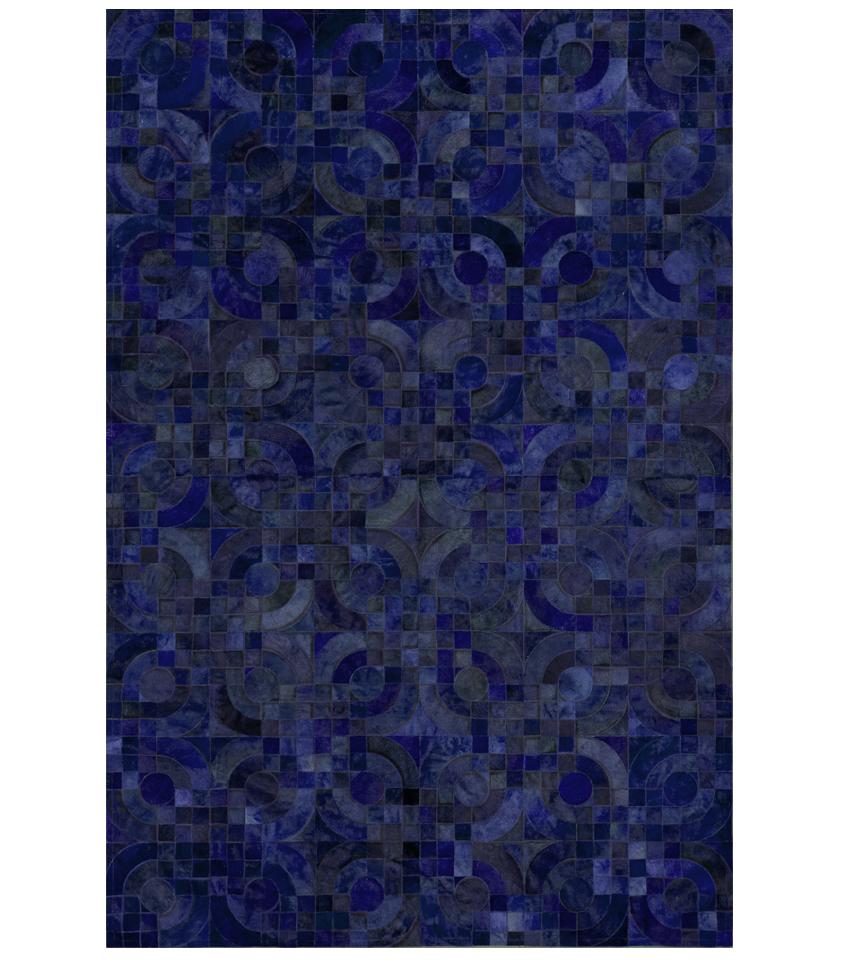 Hand-Knotted Glamorous Art Deco Vs 1970s Inspired Block Optico Midnight Blue Cowhide Rug For Sale