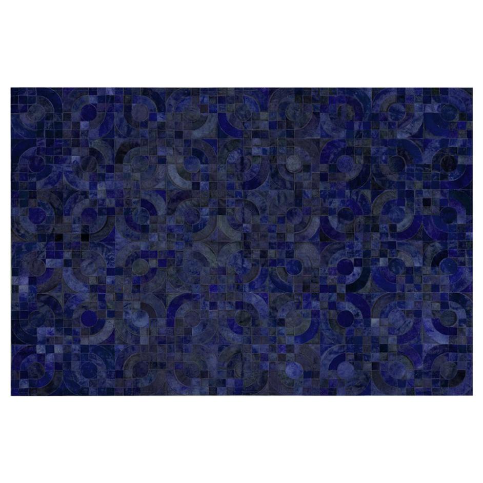 Glamorous Art Deco Vs 1970s Inspired Block Optico Midnight Blue Cowhide Rug For Sale