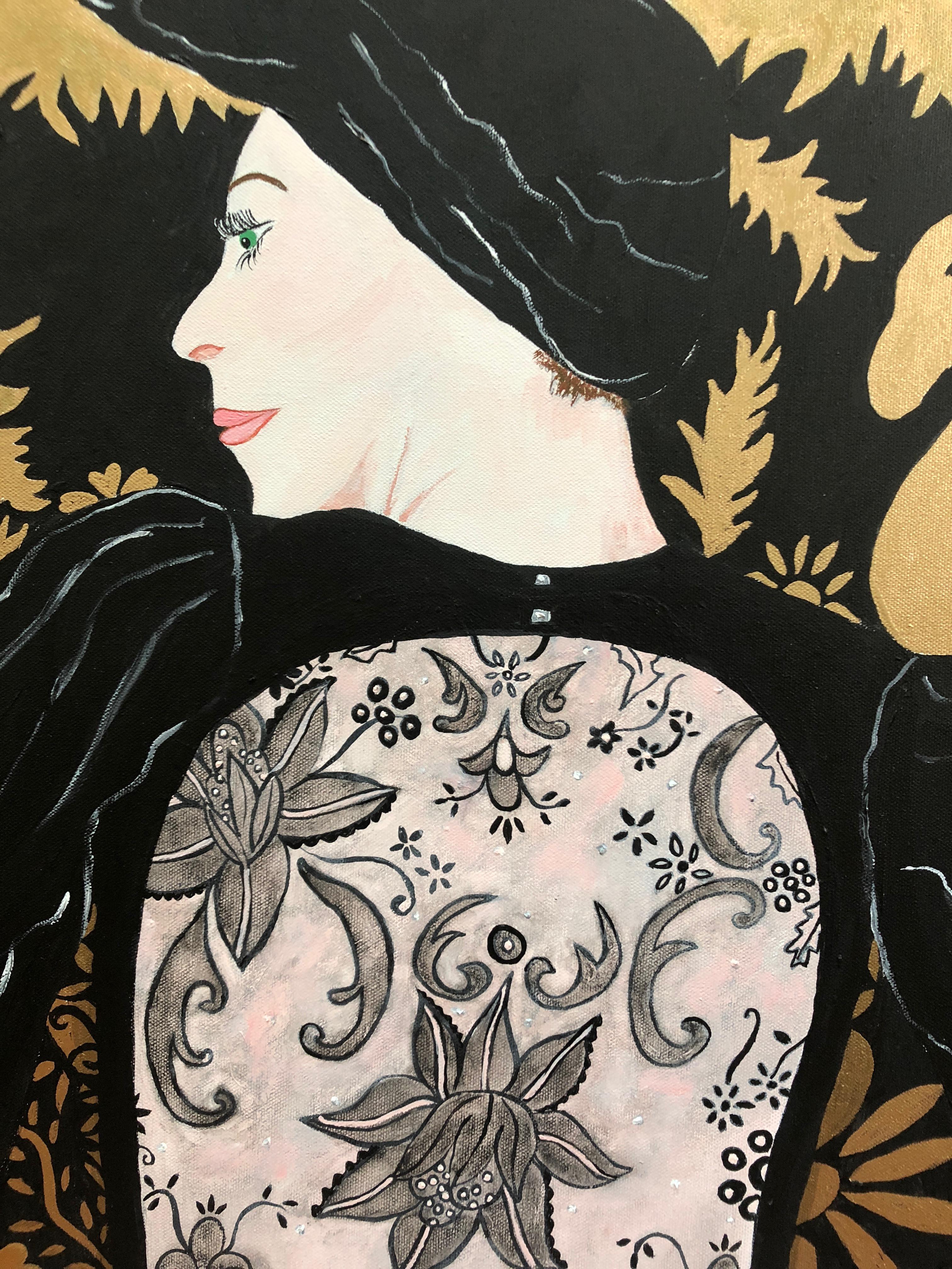 Glamorous Black and Gold Large Painting of Woman in Lacey Dress For Sale 2
