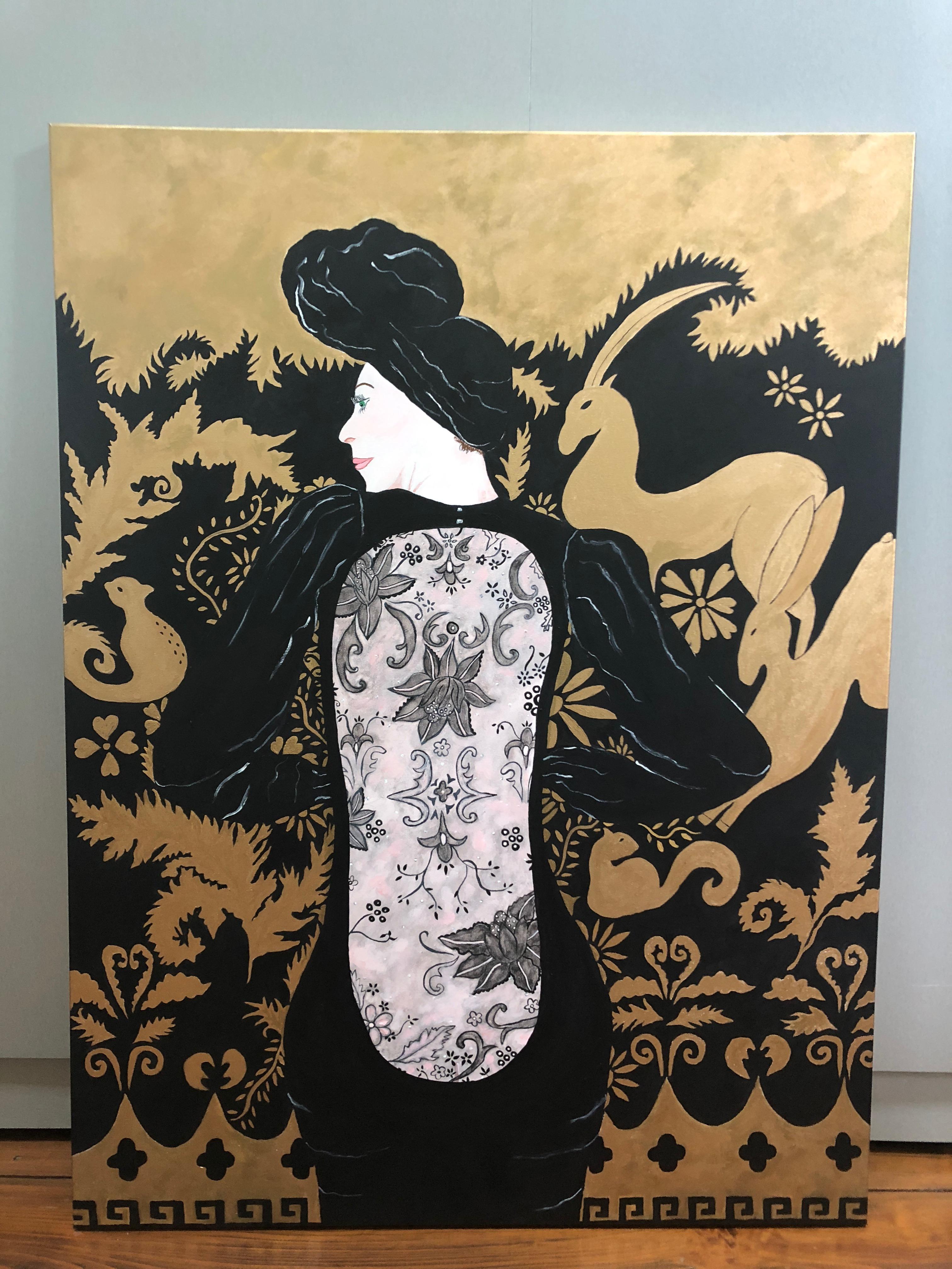 Sexy striking large painting of a woman in a black lace open backed Yves Saint Laurent inspired evening gown, standing in front of a gold and black decorative screen. Famous Parisian designer Armand Albert Rateau supplied the inspiration for the