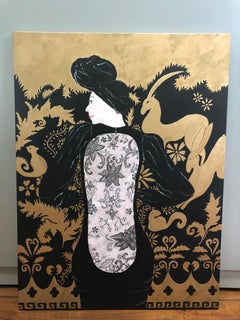 Glamorous Black and Gold Large Painting of Woman in Lacey Dress