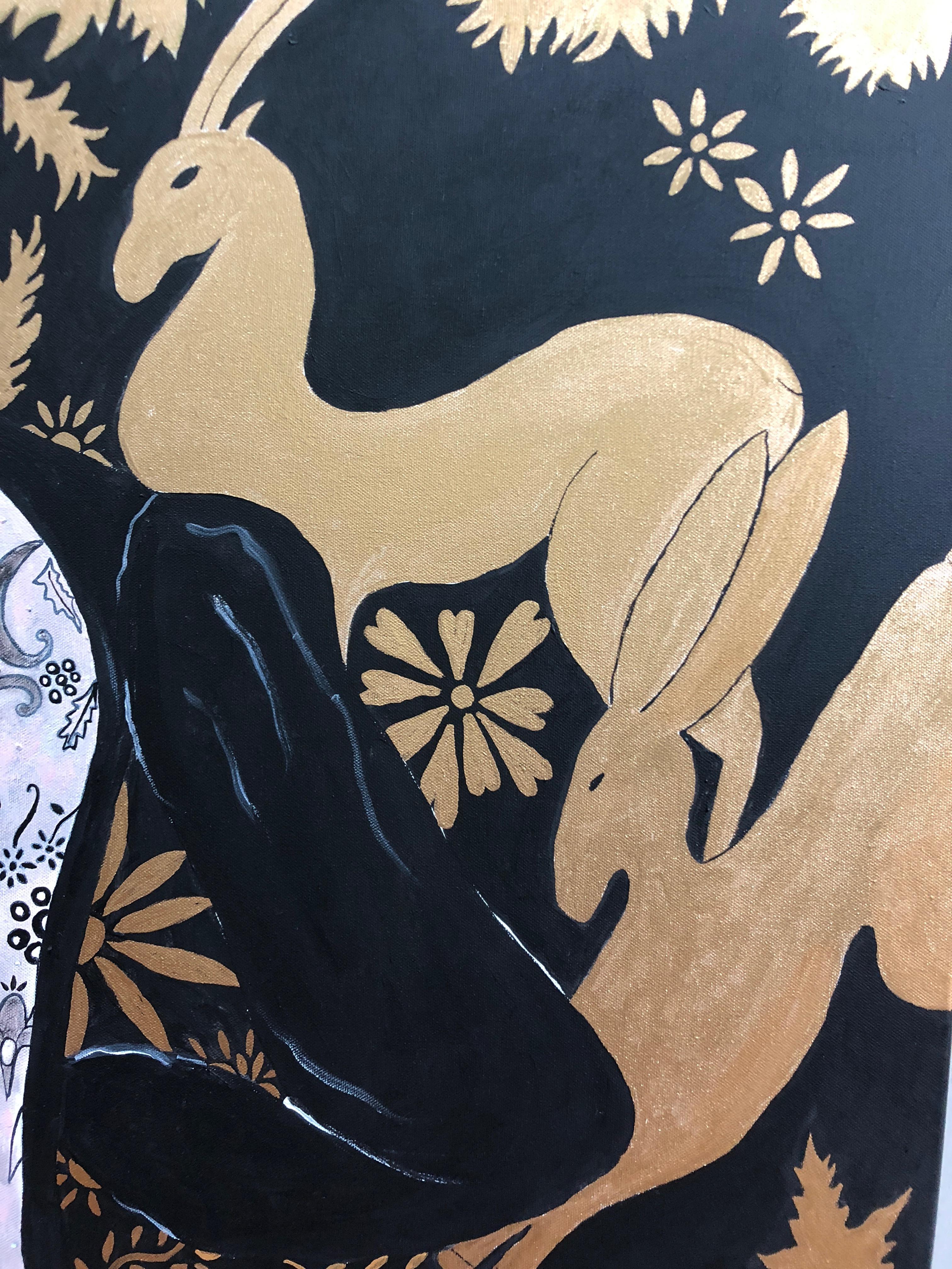 Glamorous Black and Gold Large Painting of Woman in Lacey Dress In Excellent Condition For Sale In Hopewell, NJ